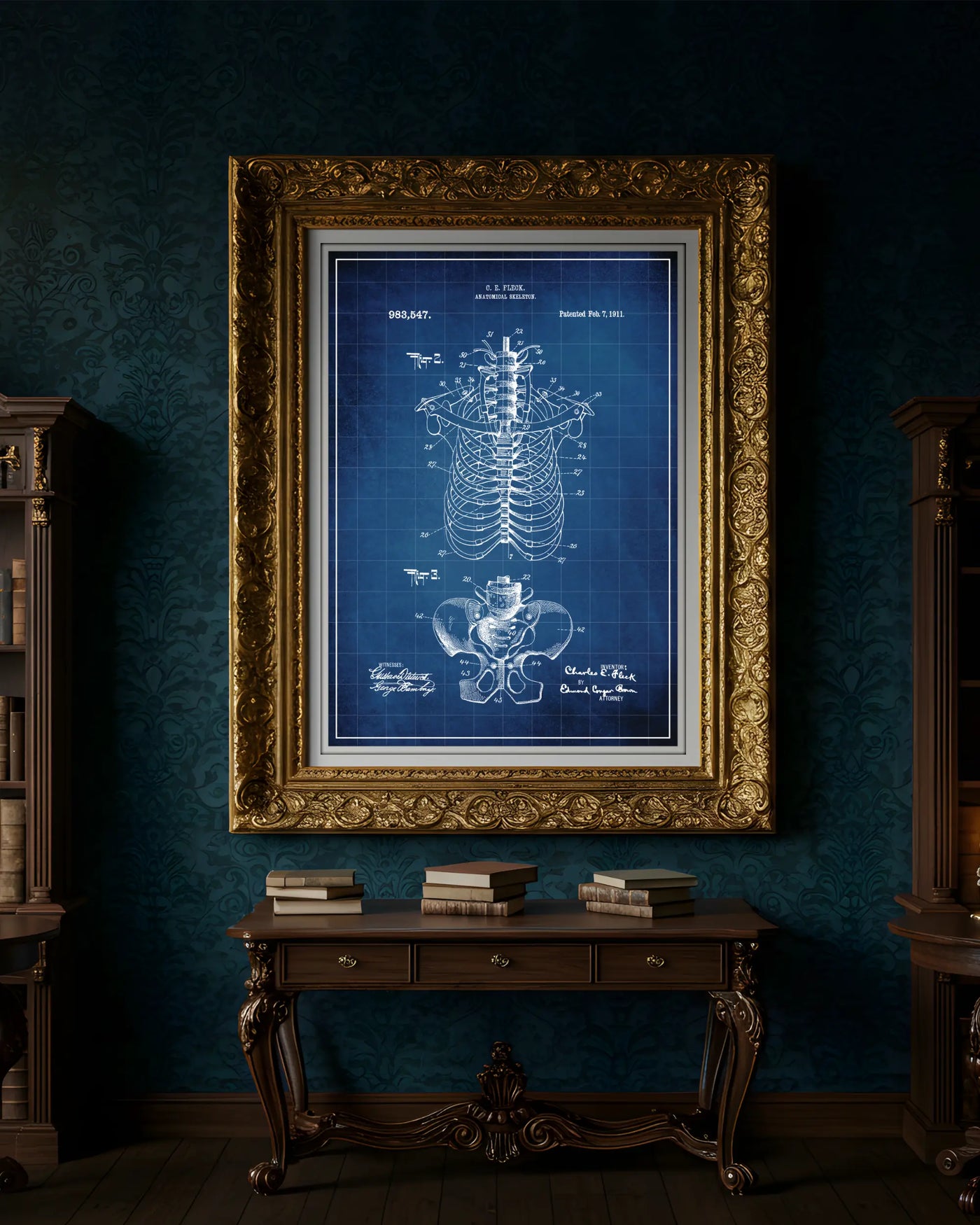 Anatomical Rib Cage patent poster in blueprint style, high-resolution unframed wall art.
