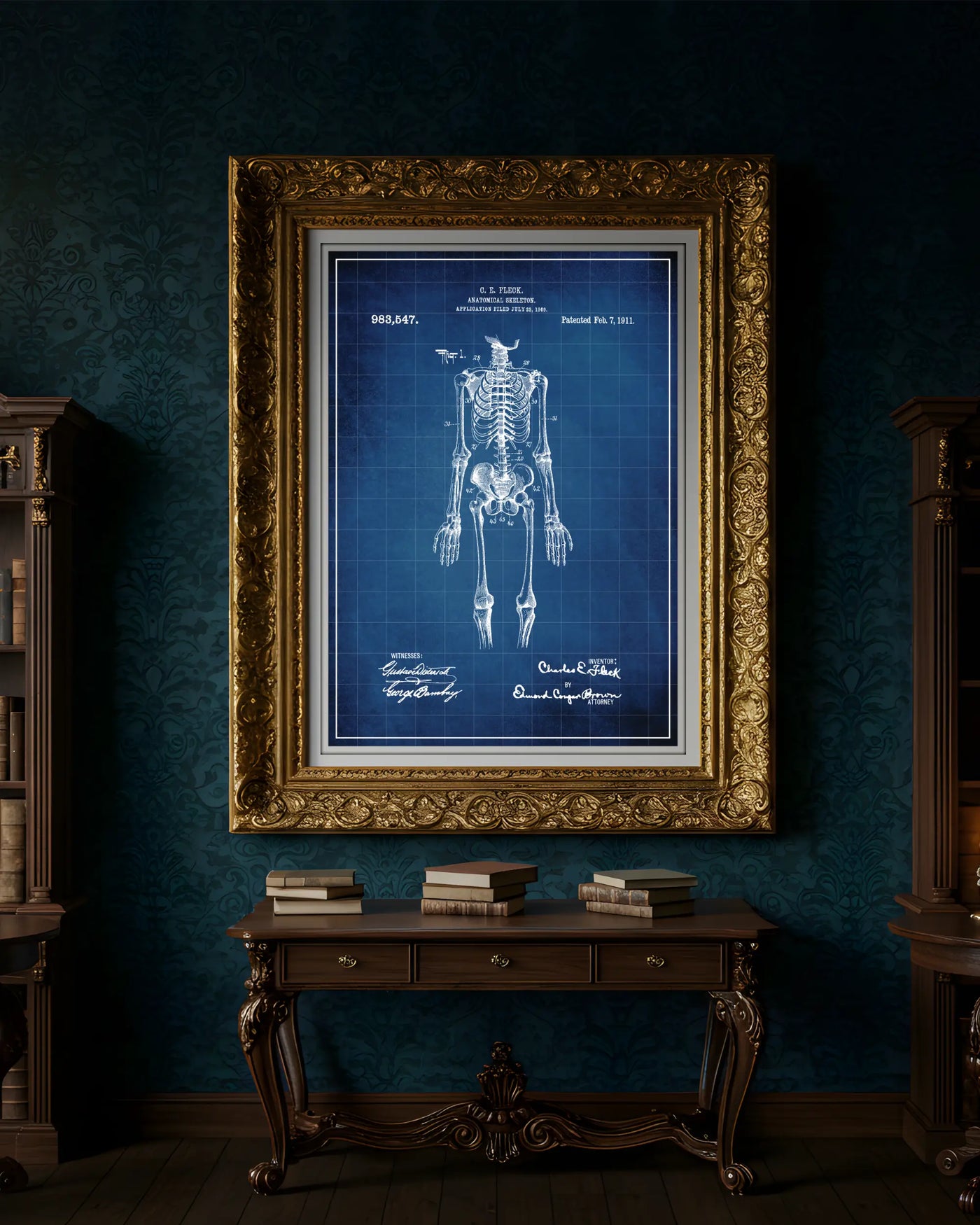 Anatomical Skeleton design patent poster presented in blueprint style, unframed and ready for display.
