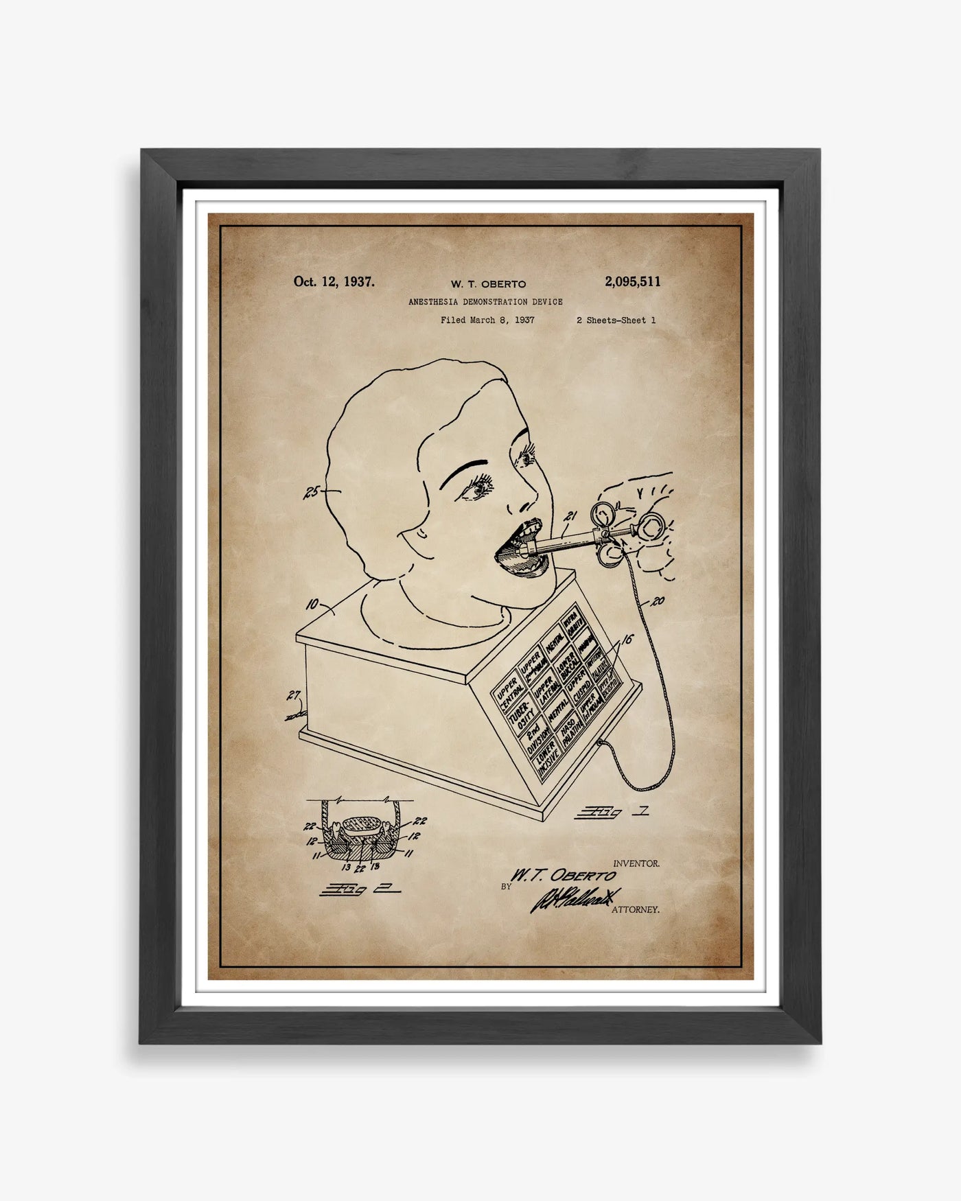 Anesthesia Device patent poster in antique parchment style, high-resolution unframed wall art.