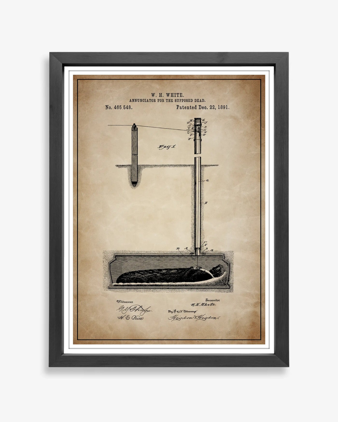Annunciator for the Dead patent poster in antique parchment style, high-resolution unframed wall art.
