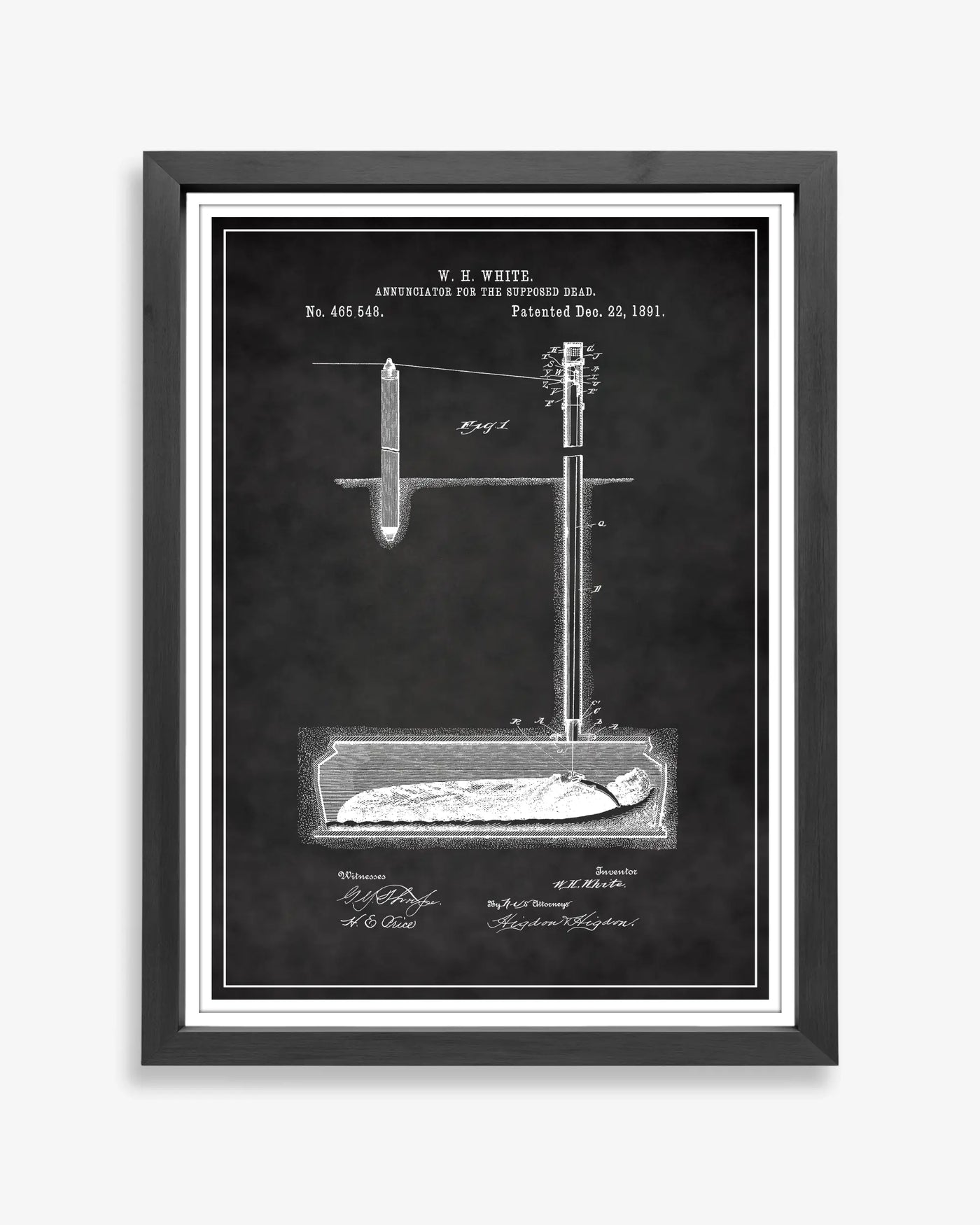 Unframed chalkboard style patent poster illustrating the Annunciator for the dead design.