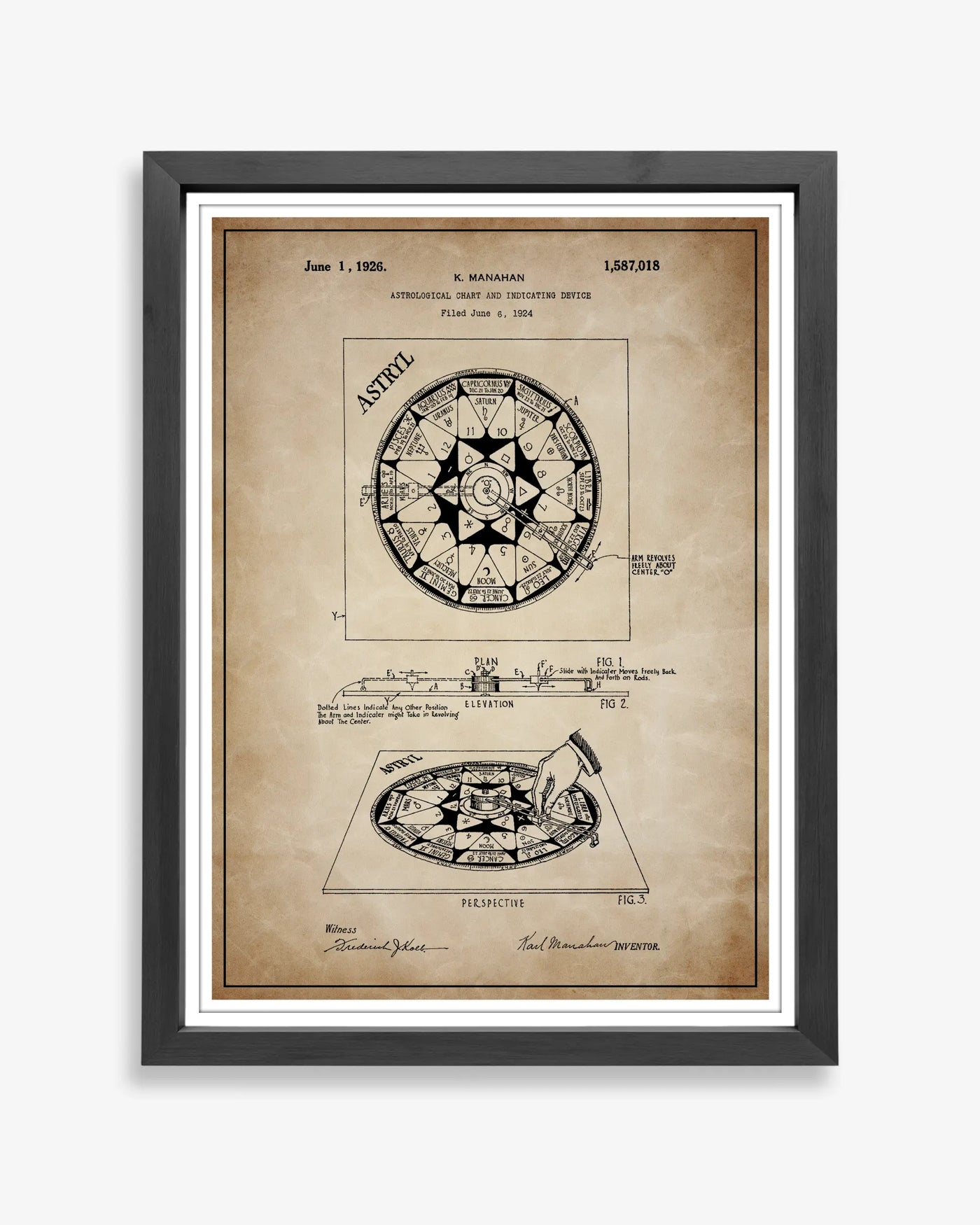 Vintage astral chart patent illustration showing celestial markings and diagram details in restored antique parchment style.