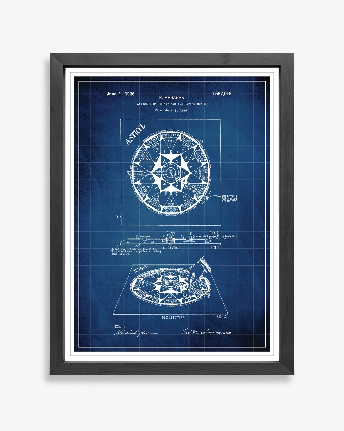Restored astral chart patent drawing with celestial symbols and technical star mapping in vintage line illustration.