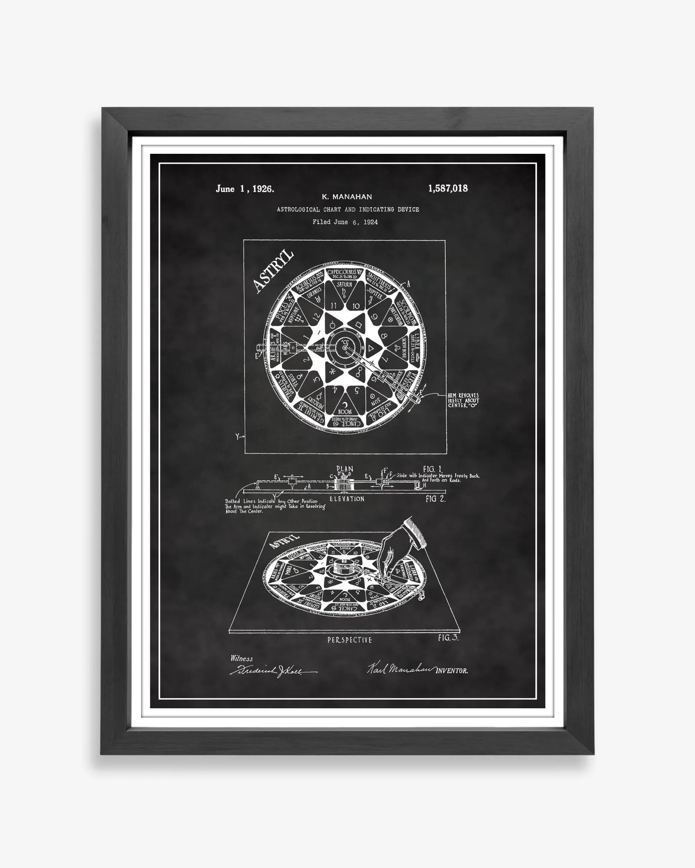 Astral chart patent poster featuring classic celestial diagram and detailed vintage drafting of star positions in chalkboard finish