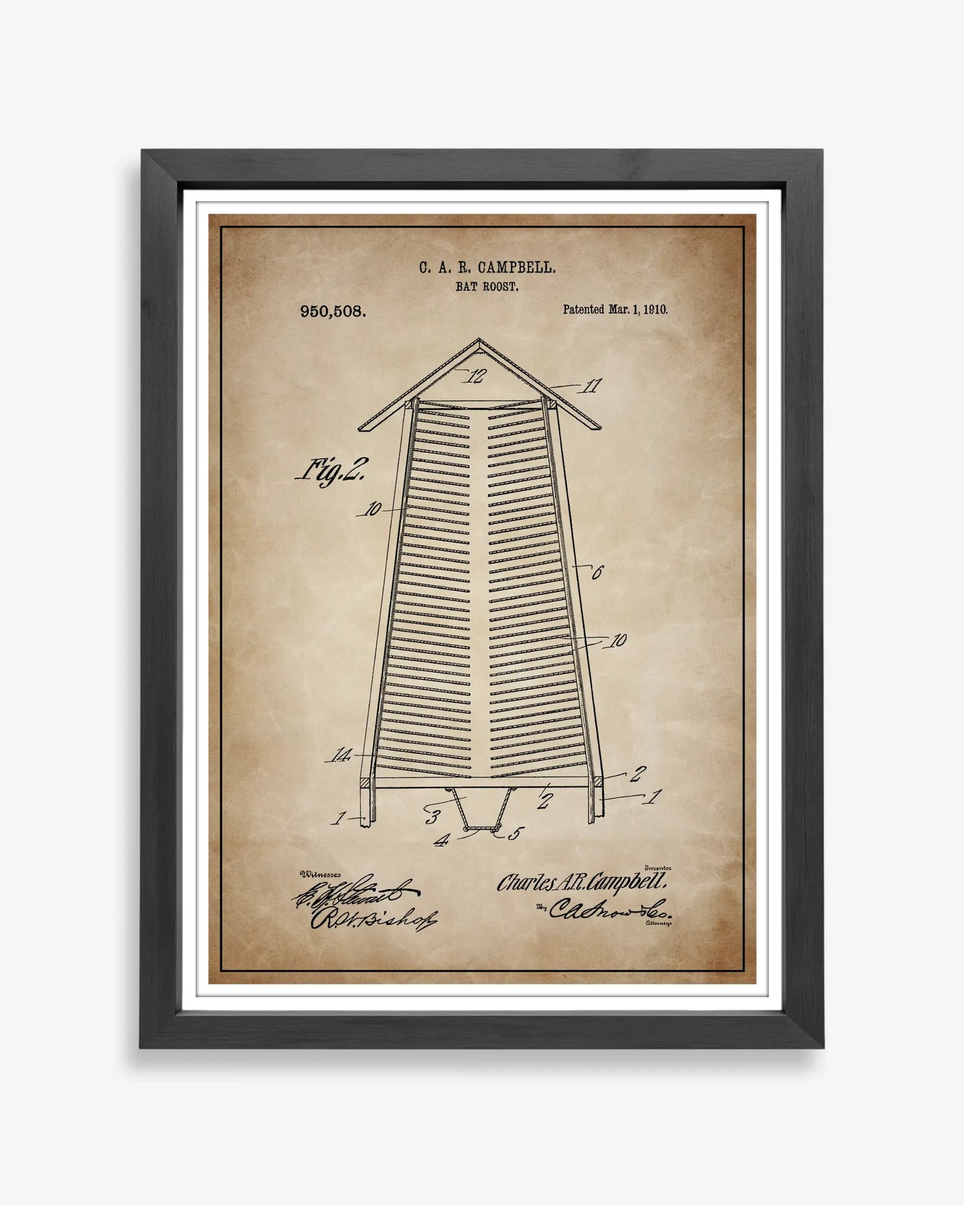 Bat Roost patent poster in antique parchment style, high-resolution unframed wall art.
