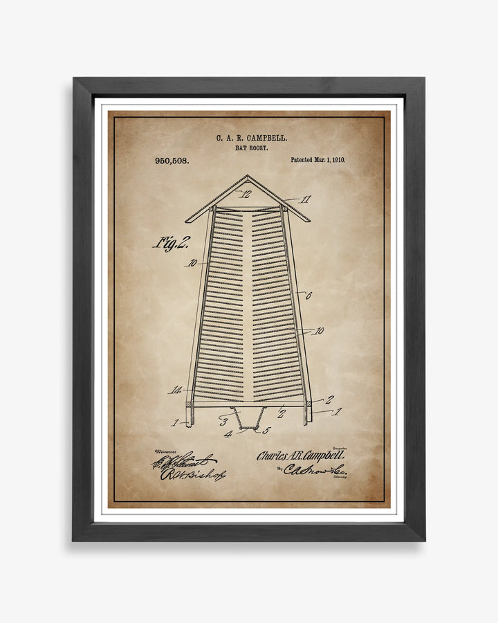 Bat Roost patent poster in antique parchment style, high-resolution unframed wall art.