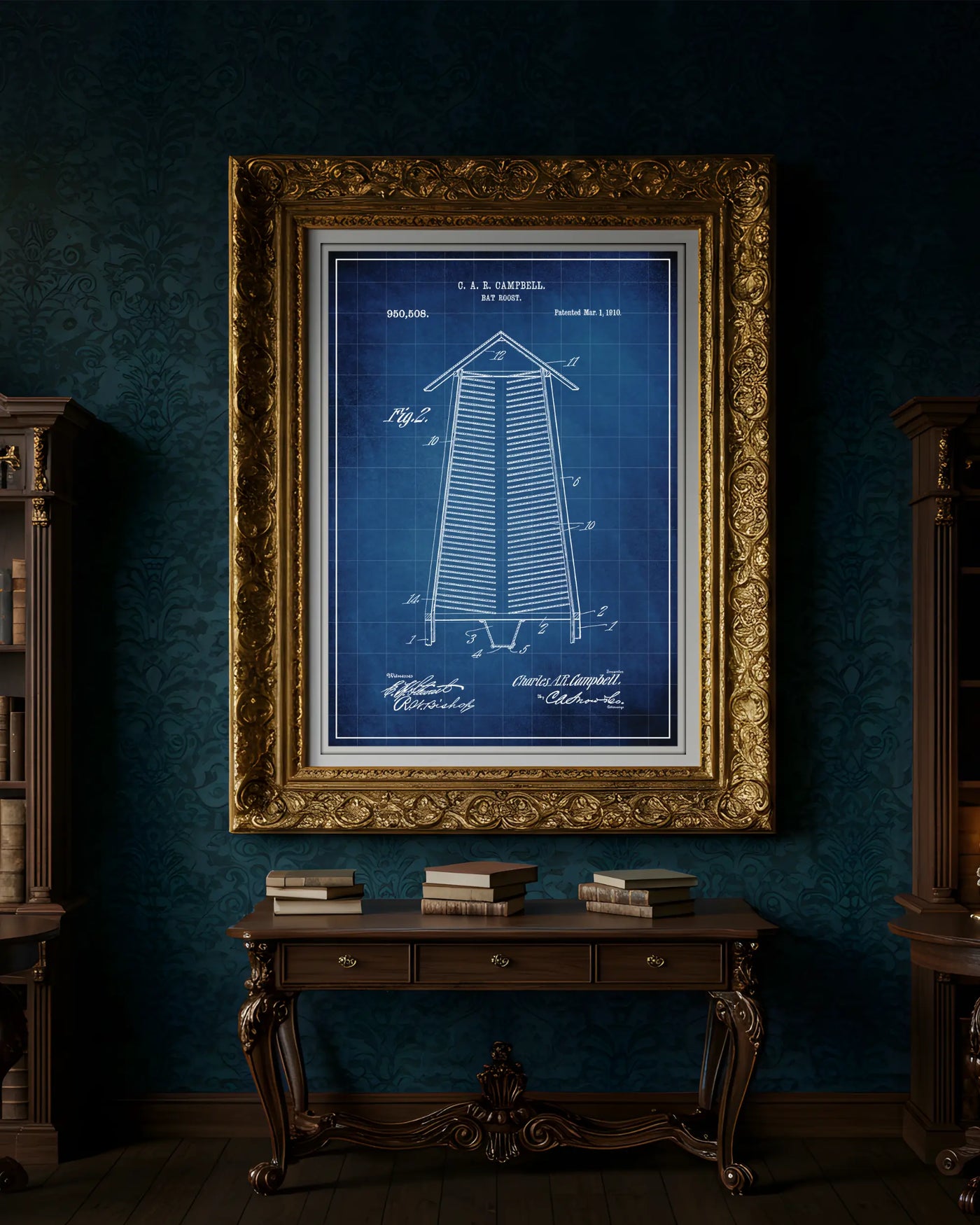Bat Roost patent poster in blueprint style, high-resolution unframed wall art.