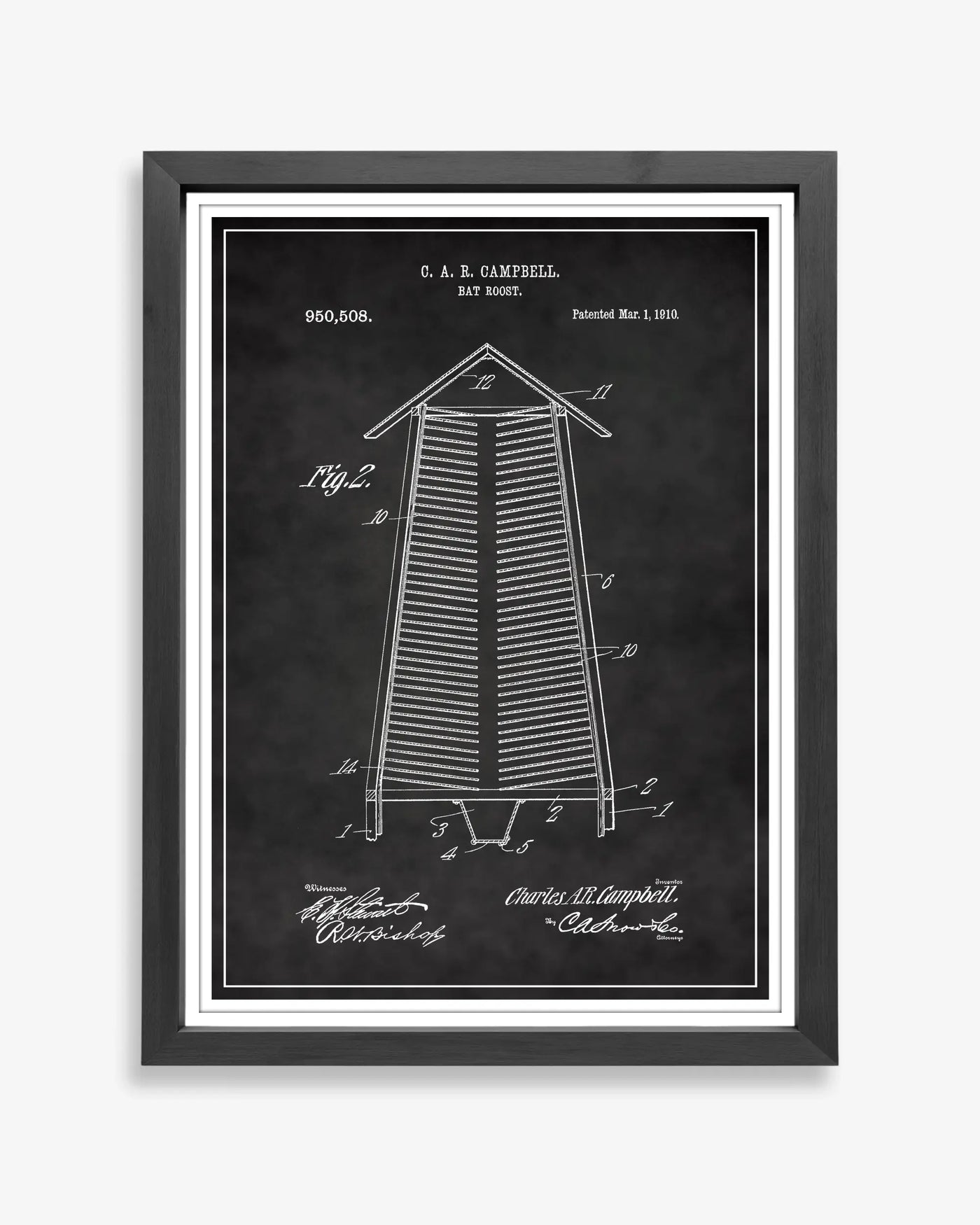 Unframed chalkboard style patent poster illustrating the Bat Roost design.