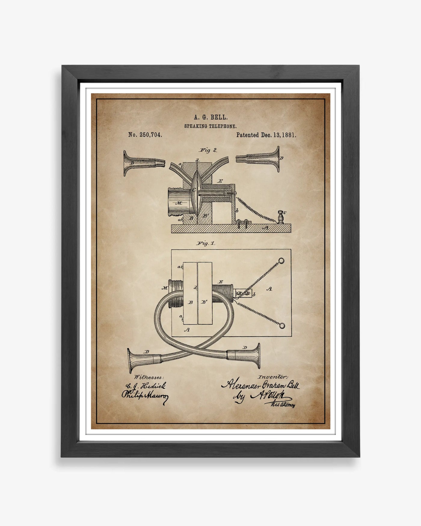 Bell Telephone design patent poster presented in antique parchment style, unframed and ready for display.
