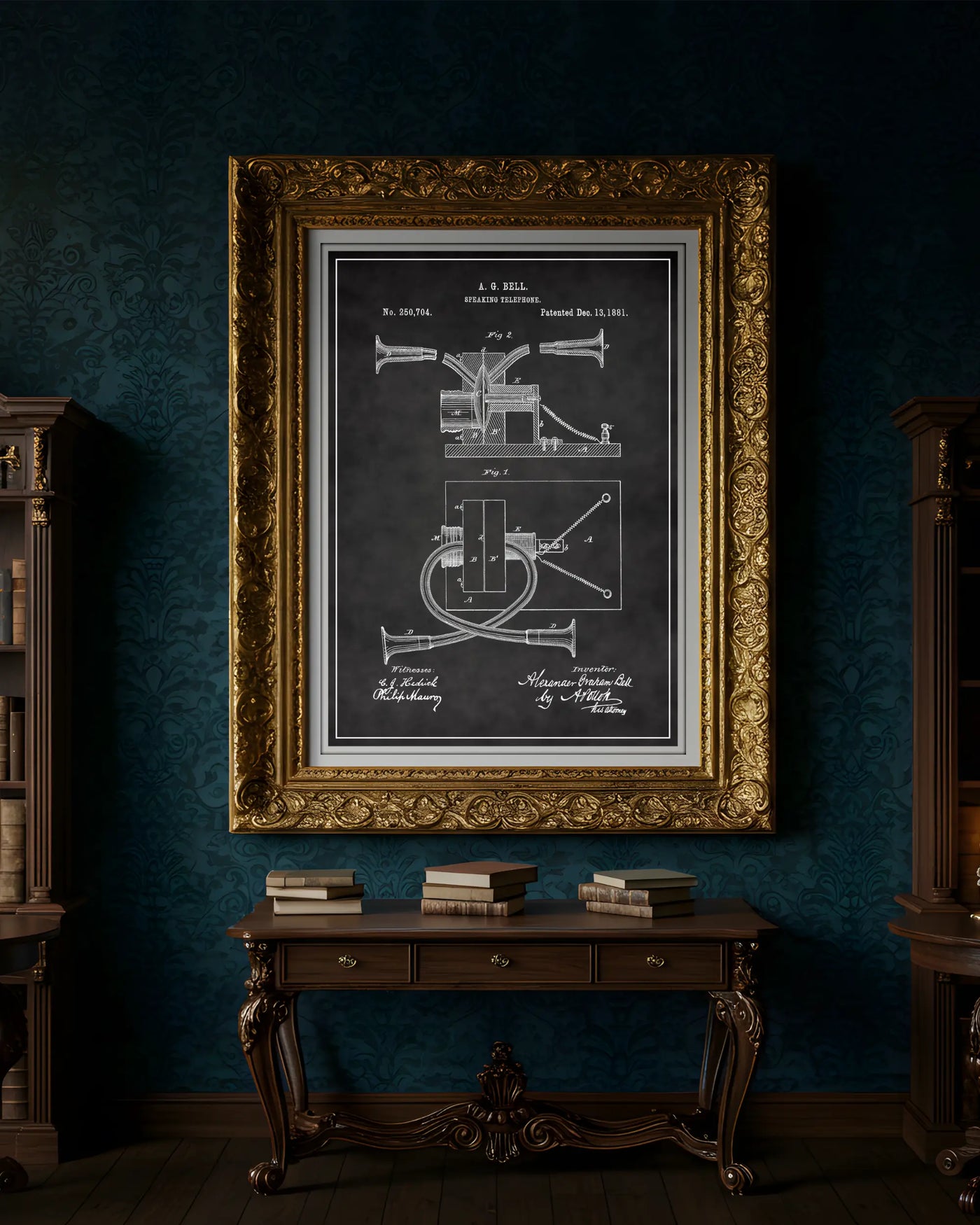 Bell Telephone patent poster in chalkboard style, high-resolution unframed wall art.