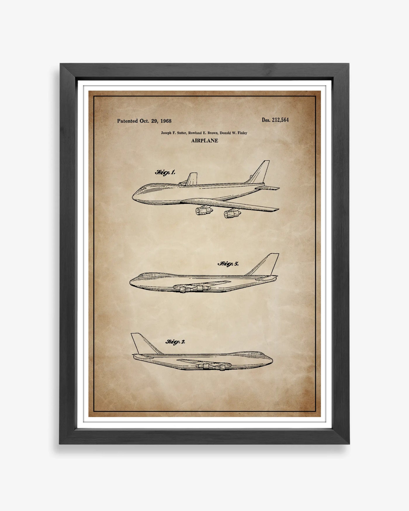 Unframed wall art featuring the Boeing 747 patent poster in a antique parchment finish.