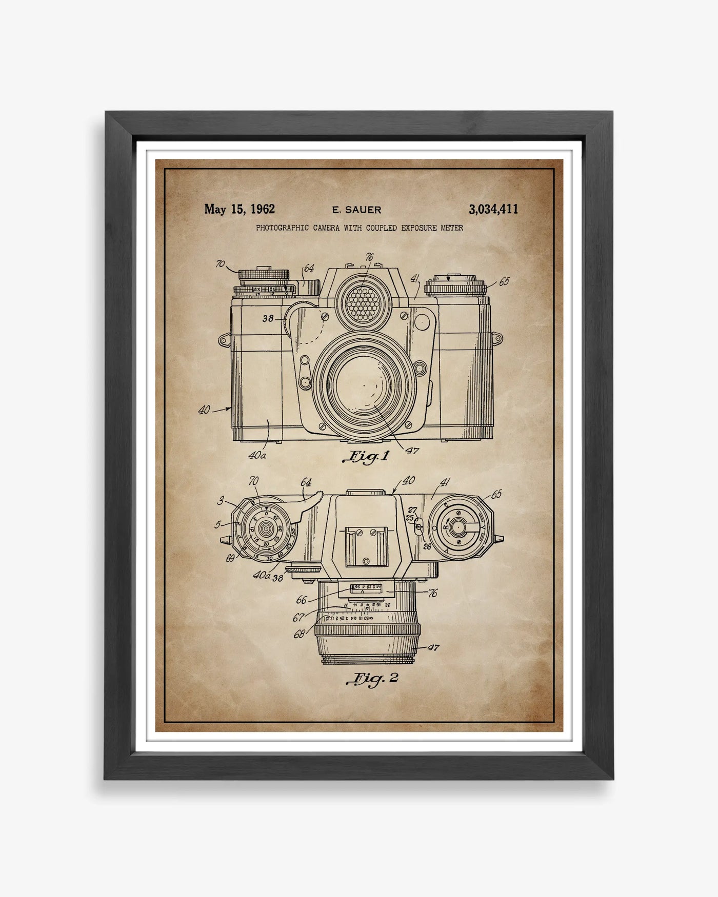 Unframed antique parchment style patent poster illustrating the Camera Exposure Meter design.
