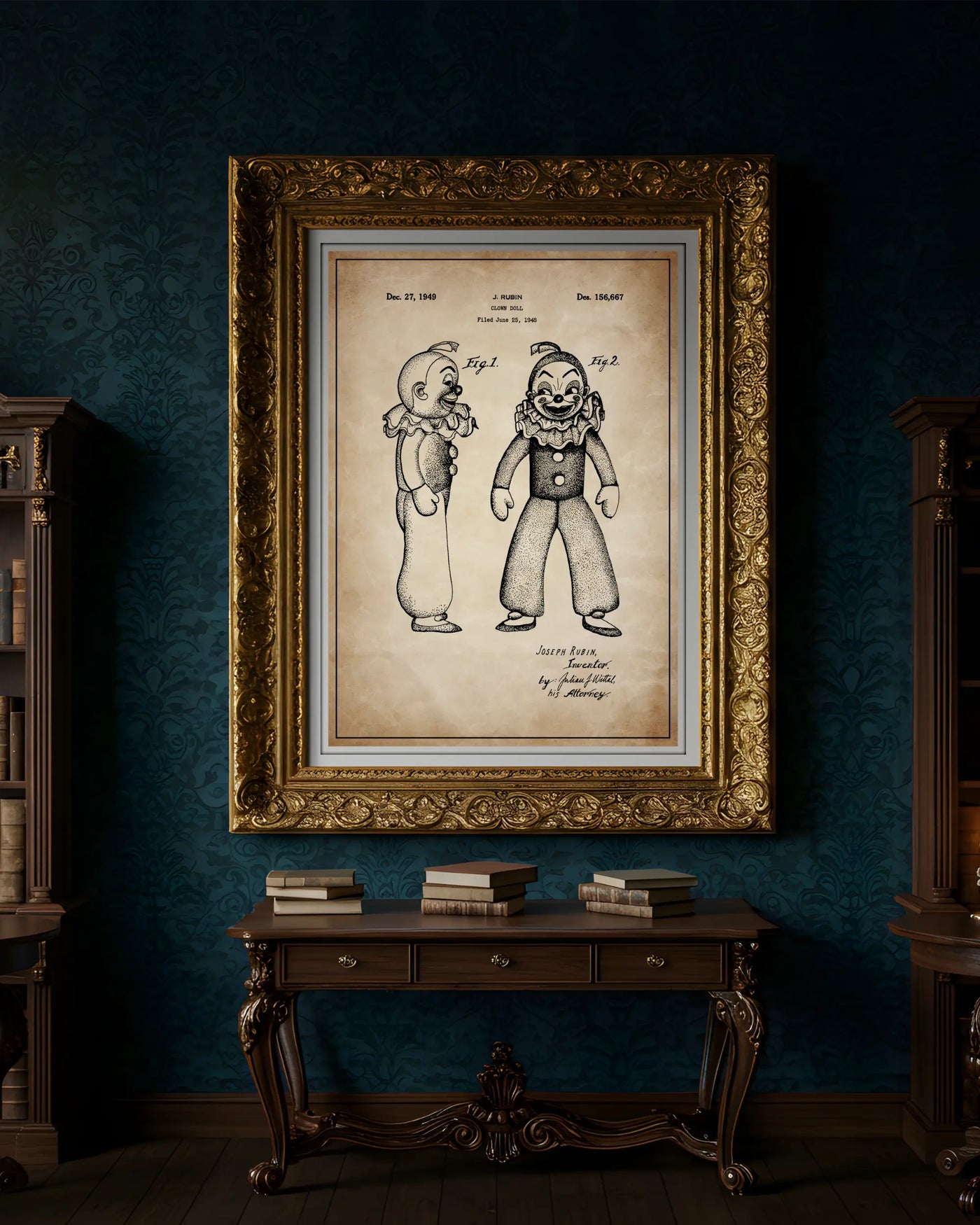 Clown Doll patent poster in antique parchment style, high-resolution unframed wall art.