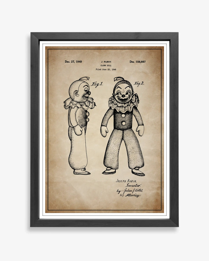 Clown Doll patent poster in antique parchment style, high-resolution unframed all art.