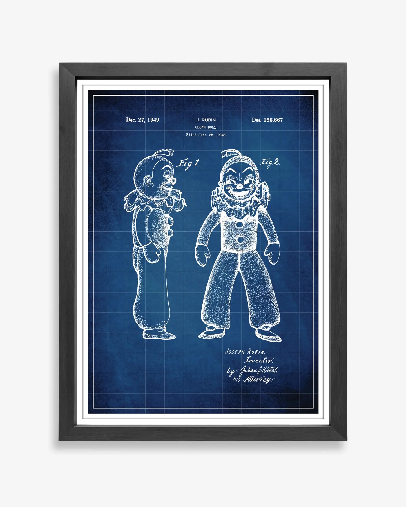 Clown Doll design patent poster presented in blueprint style, unframed and ready for display.
