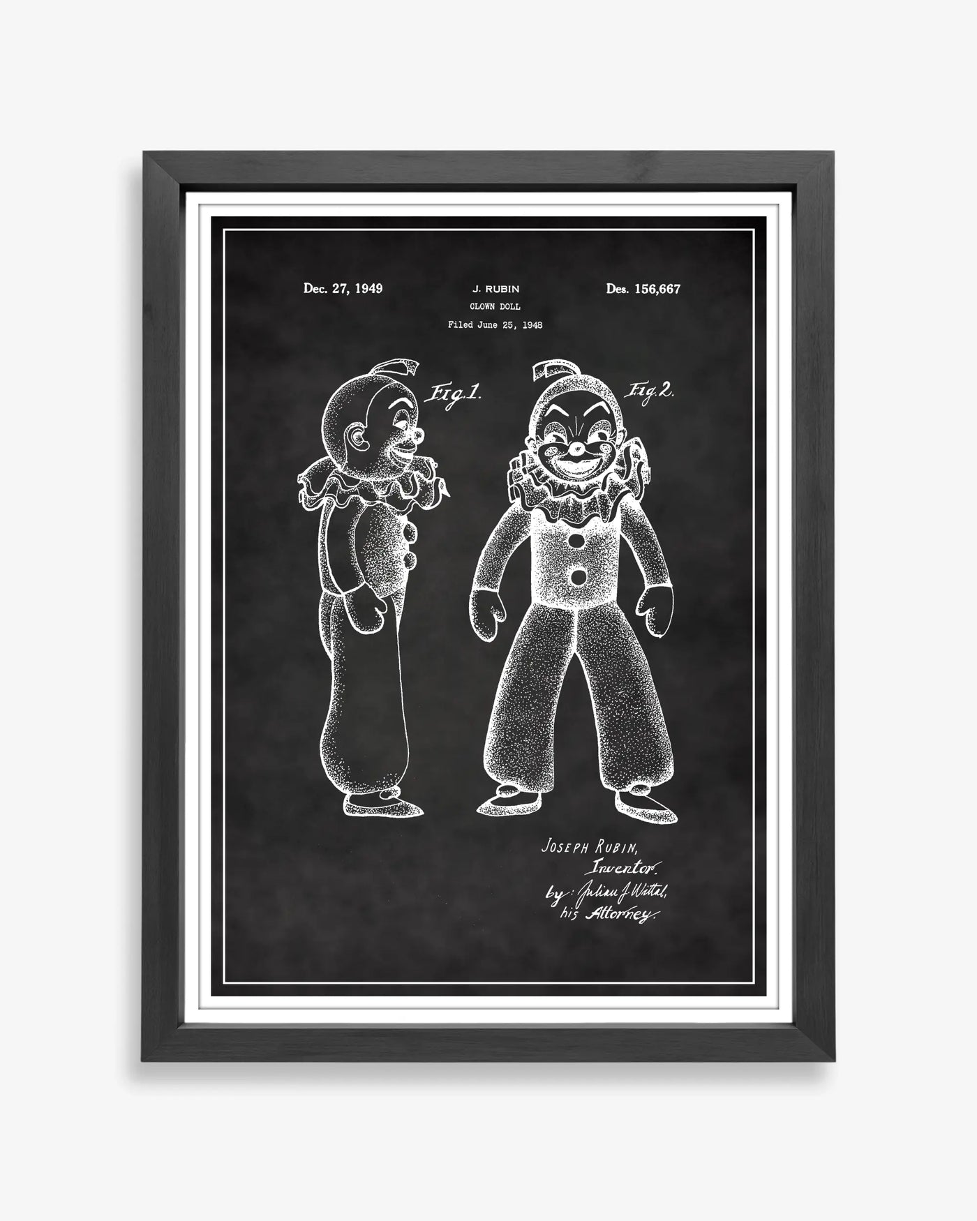 Clown Doll patent poster in chalkboard style, high-resolution unframed wall art.
