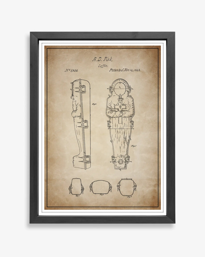 Unframed wall art featuring the Coffin 1848 patent poster in a antique parchment finish.