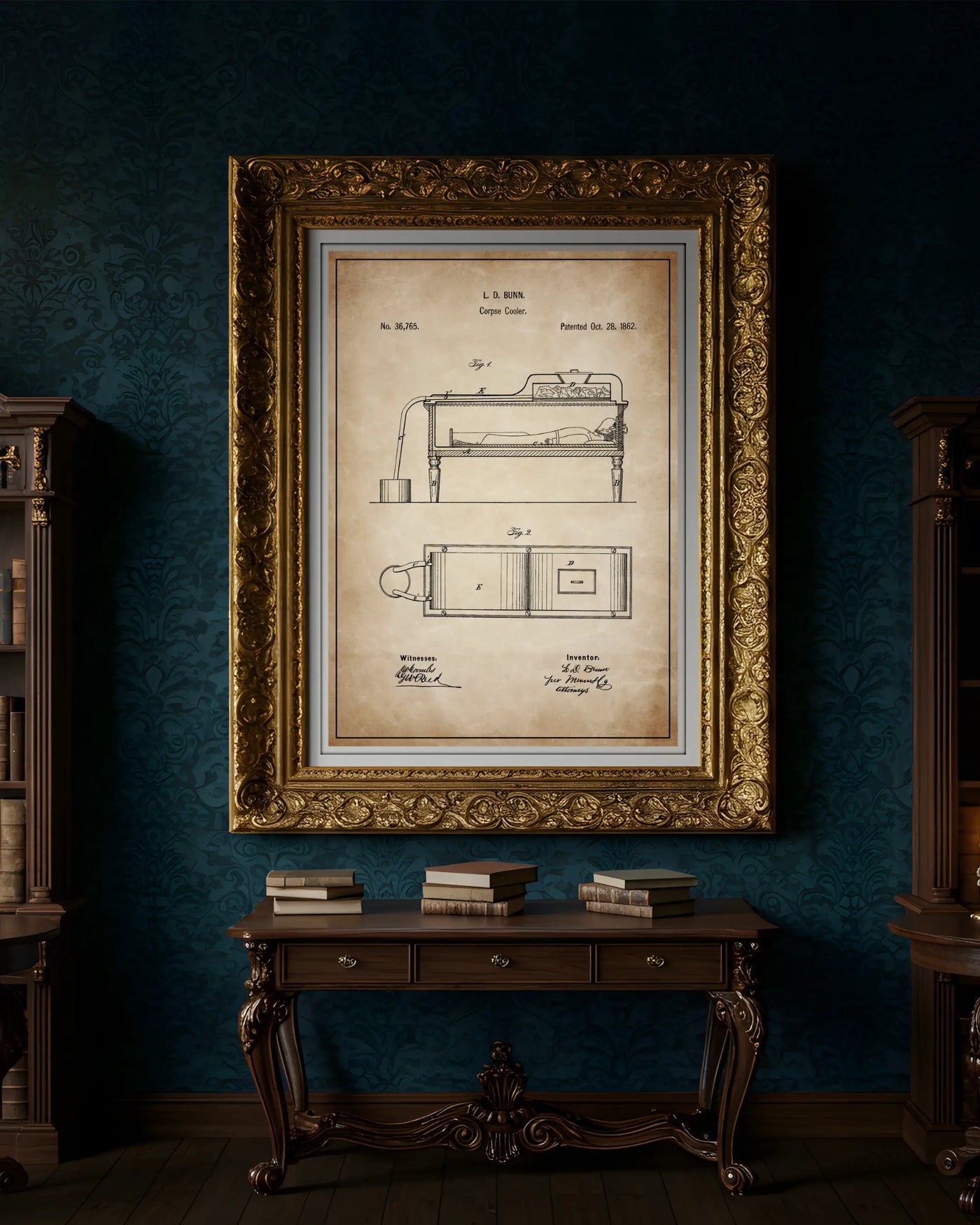 Unframed antique parchment style patent poster illustrating the Corpse Cooler design.
