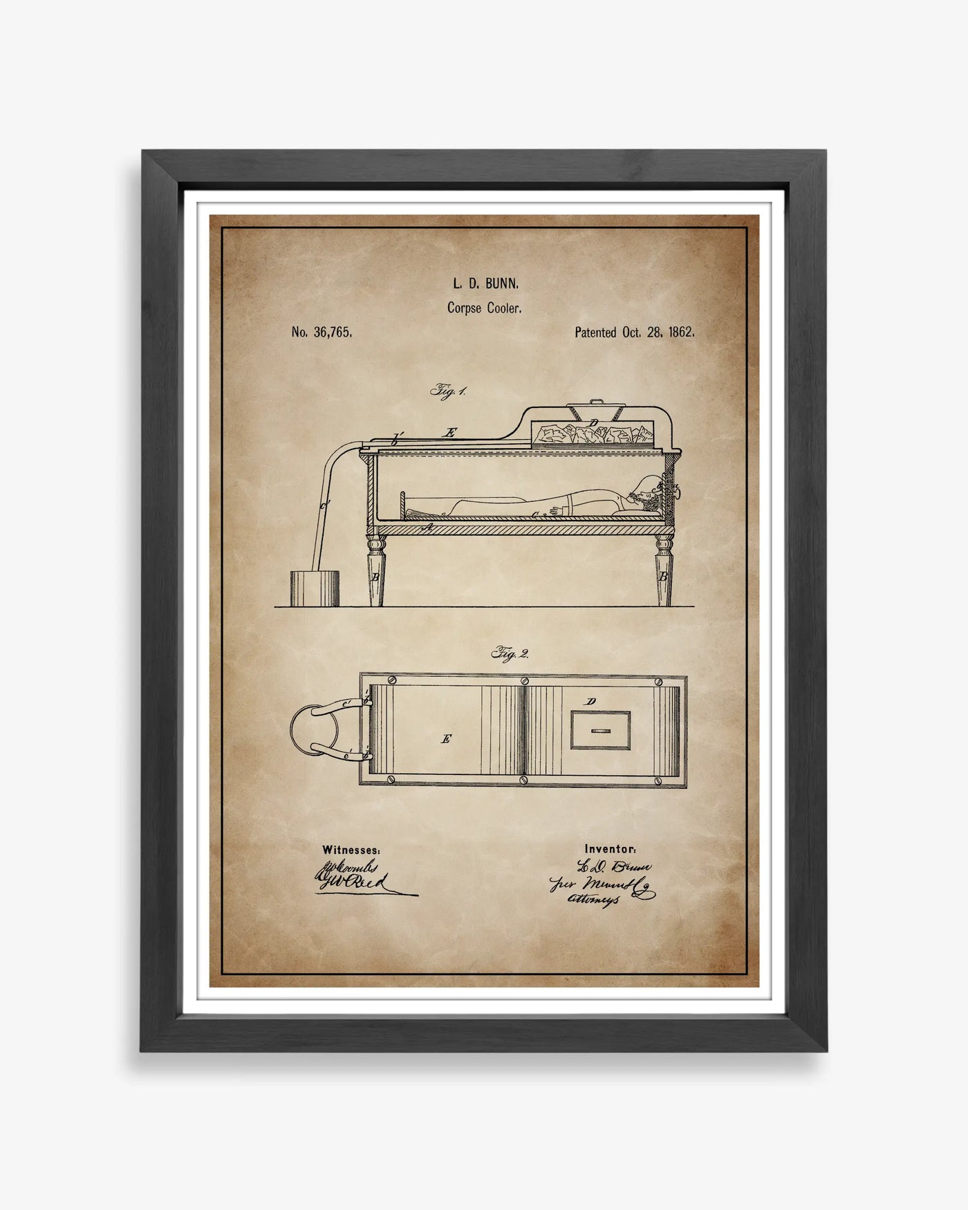Unframed antique parchment style patent poster illustrating the Corpse Cooler design.