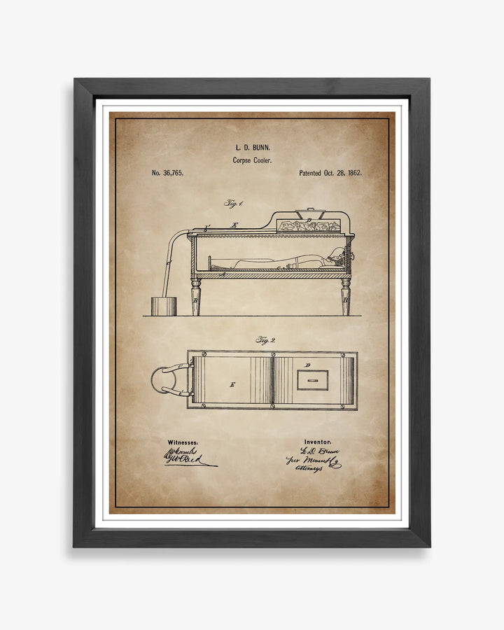 Unframed antique parchment style patent poster illustrating the Corpse Cooler design.
