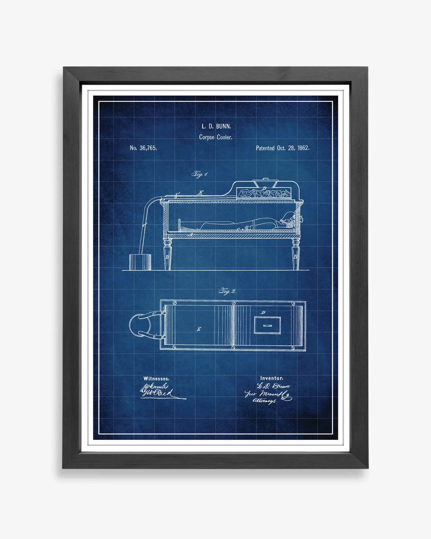 Unframed blueprint style patent poster illustrating the Corpse Cooler design.