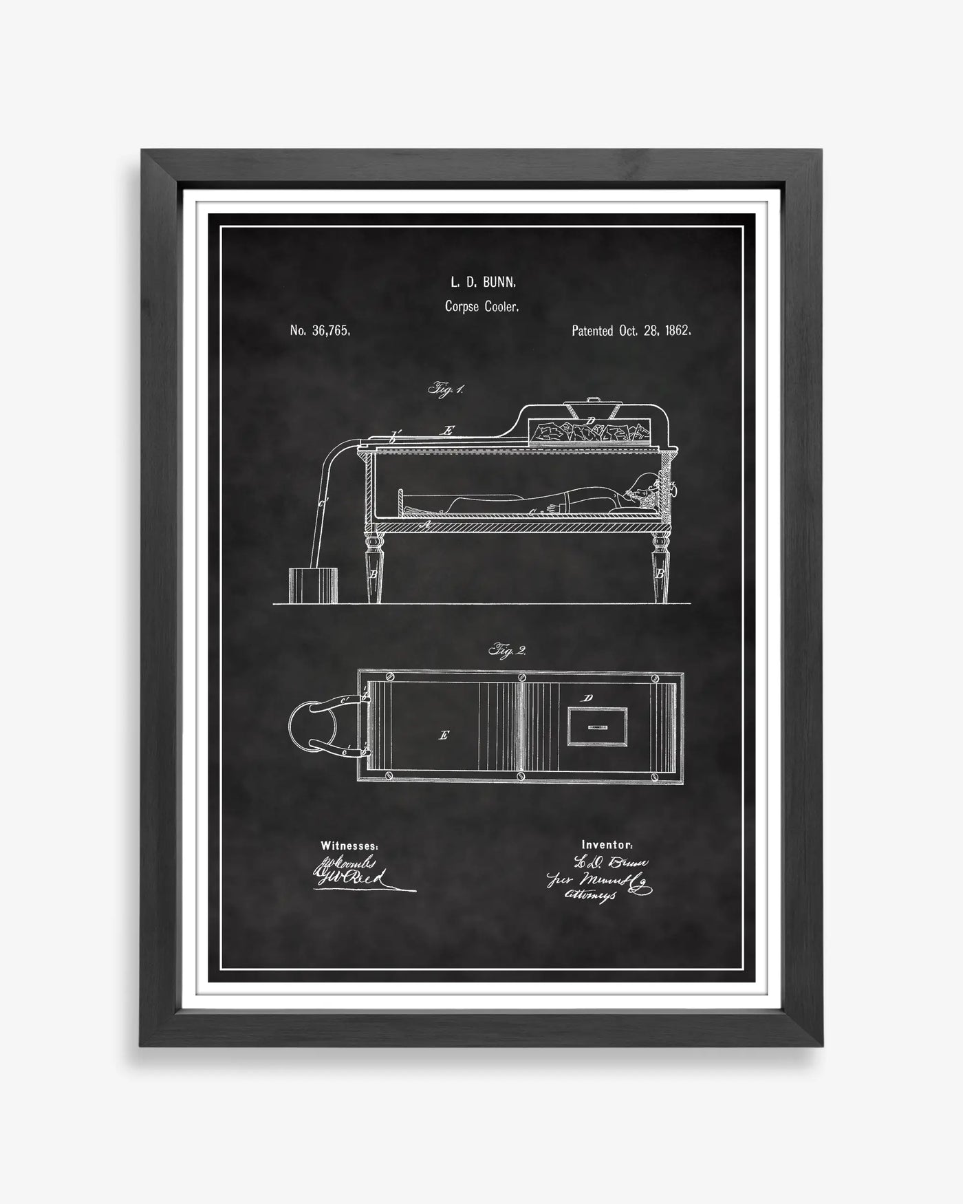 Corpse Cooler patent poster in chalkboard style, high-resolution unframed wall art.