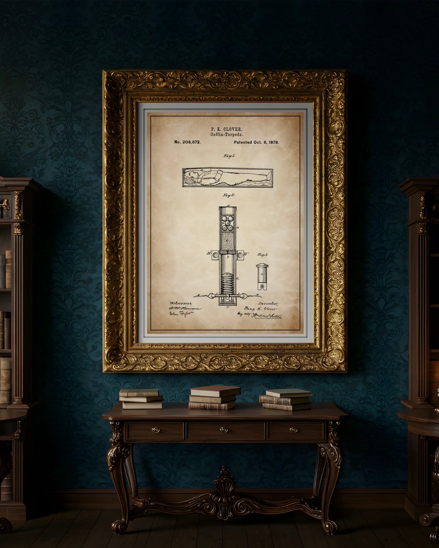 Unframed wall art featuring the Corpse Torpedo patent poster in a antique parchment finish.