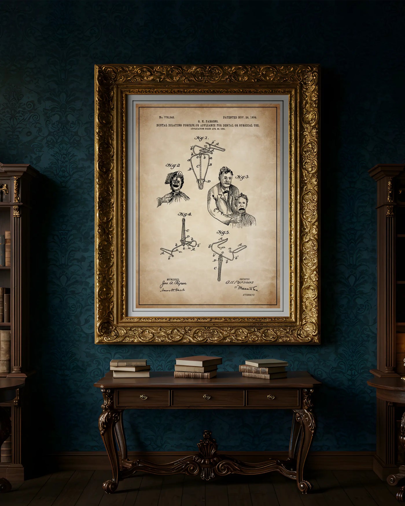 Dental Forceps design patent poster presented in antique parchment style, unframed and ready for display.