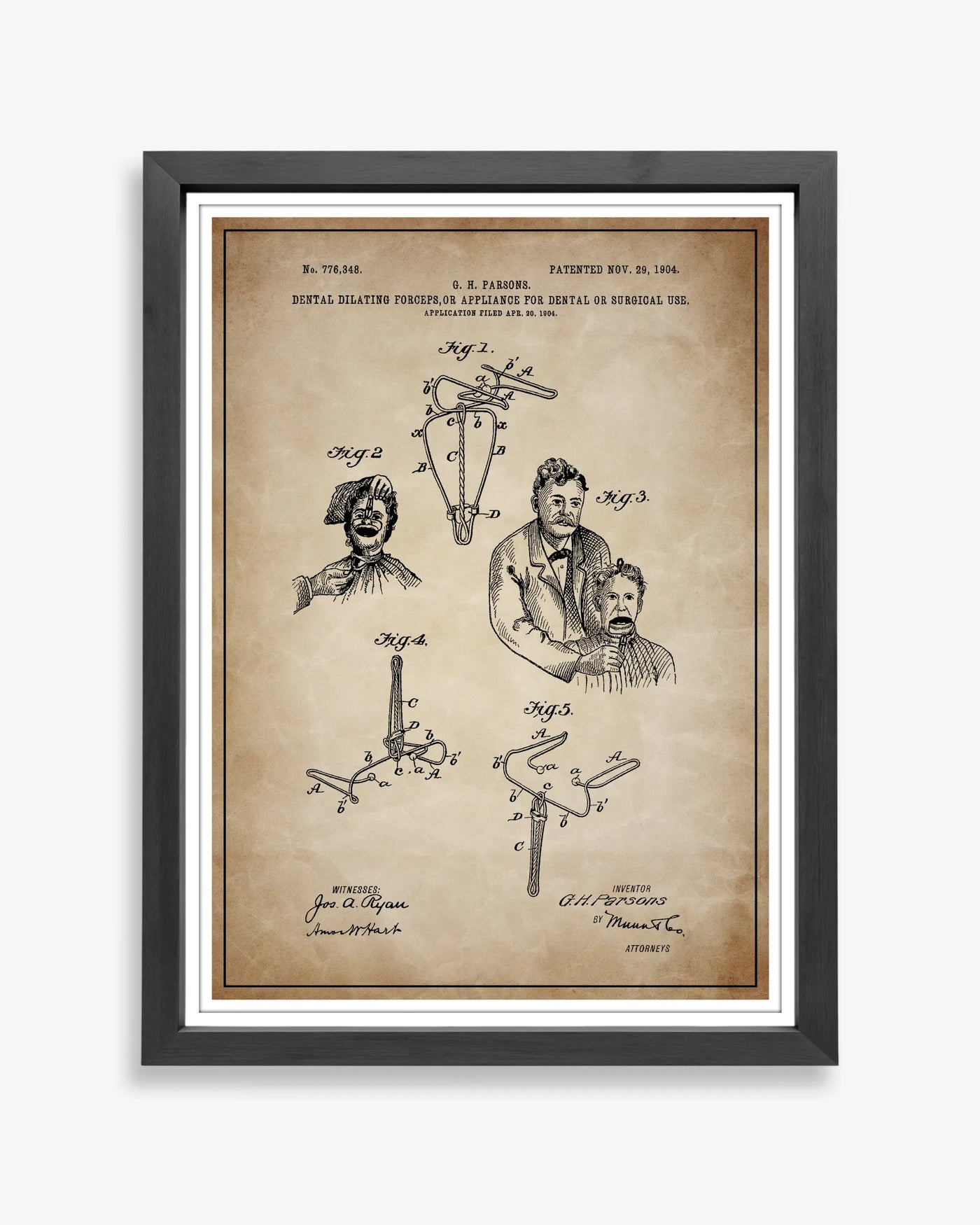 Dental Forceps design patent poster presented in antique parchment style, unframed and ready for display.