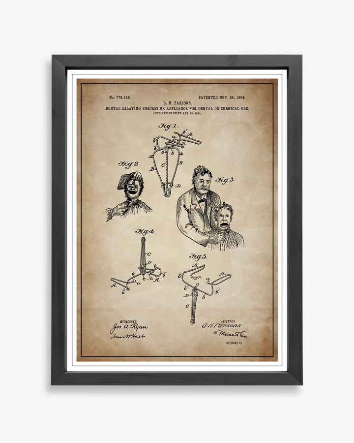 Dental Forceps design patent poster presented in antique parchment style, unframed and ready for display.