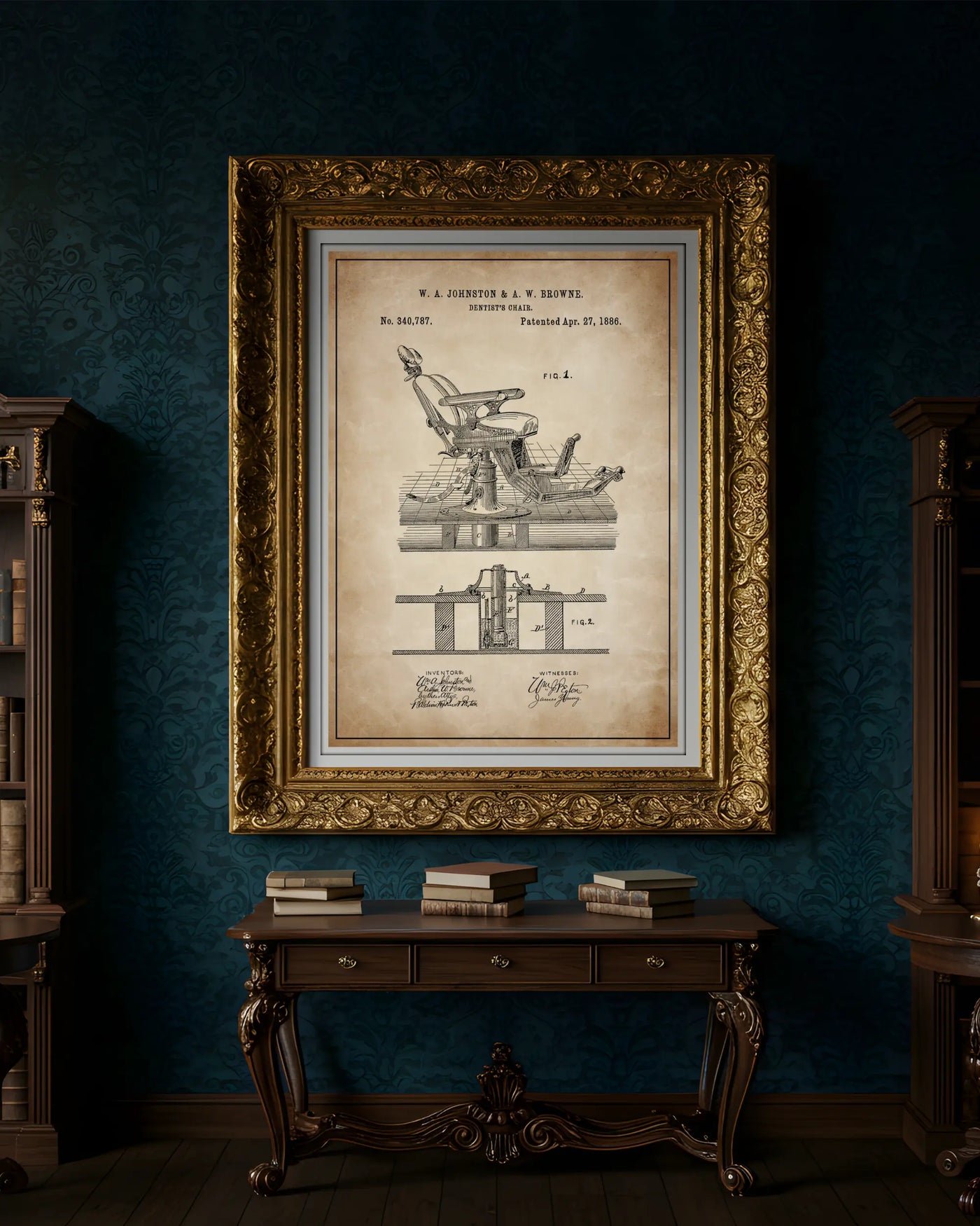 Unframed wall art featuring the Dentist Chair patent poster in a antique parchment finish.