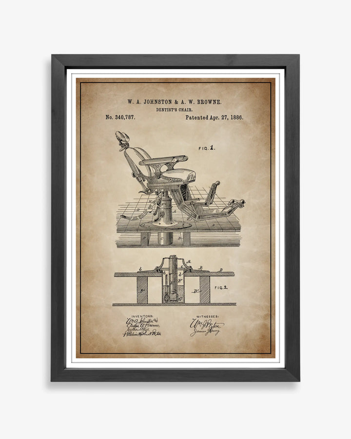 Unframed wall art featuring the Dentist Chair patent poster in a antique parchment finish.