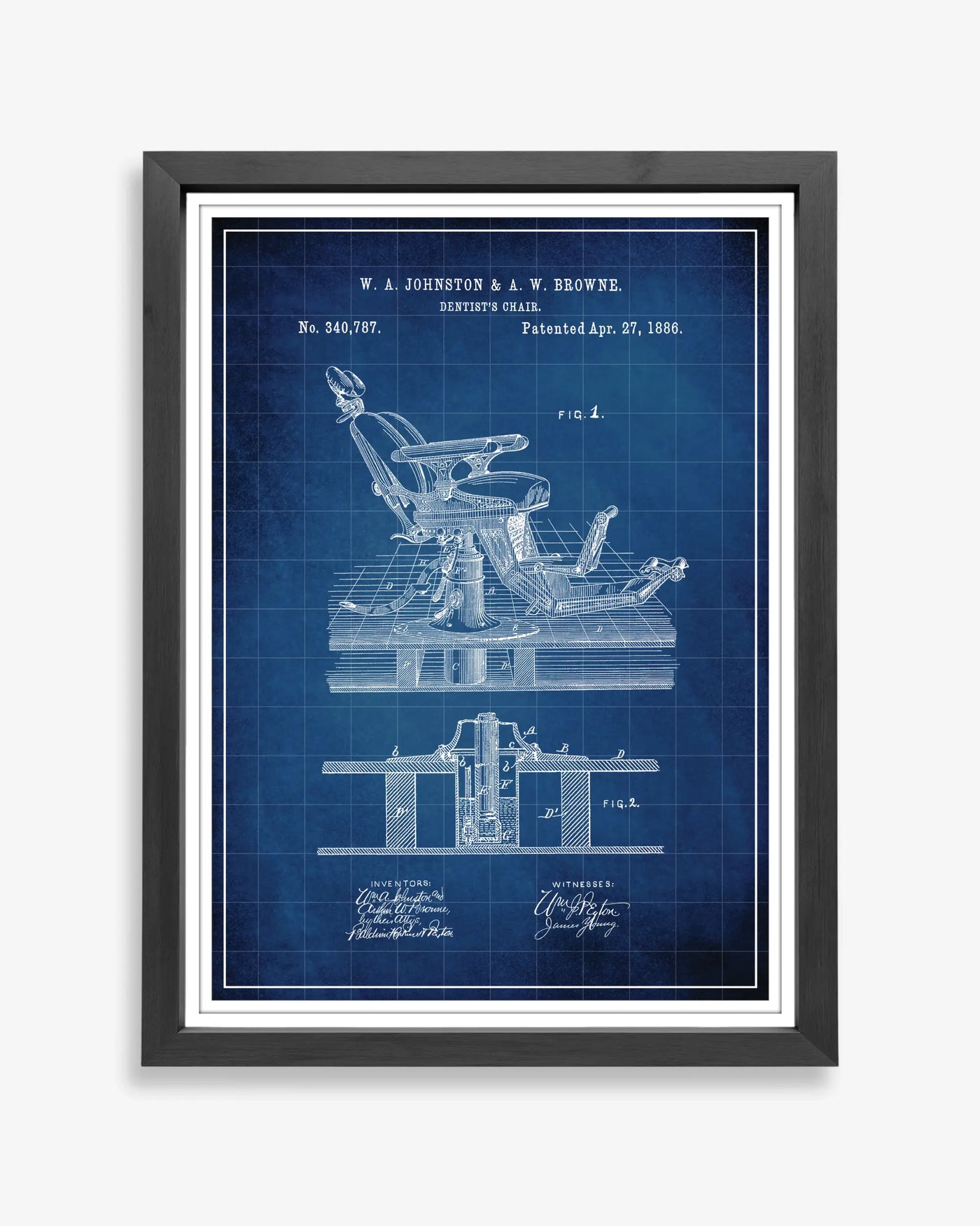 Unframed wall art featuring the Dentist Chair patent poster in a blueprint finish.