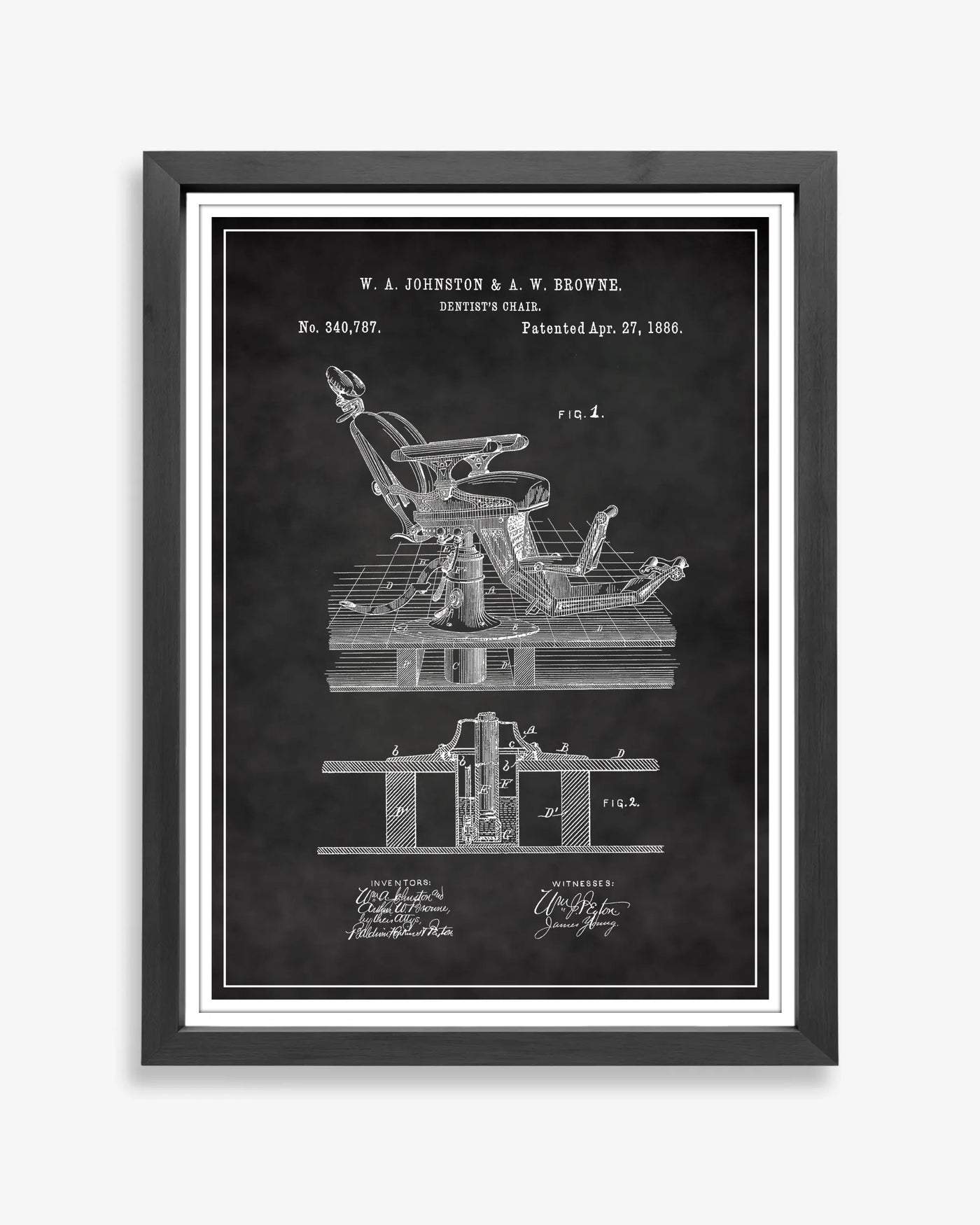Dentist Chair design patent poster presented in chalkboard style, unframed and ready for display.