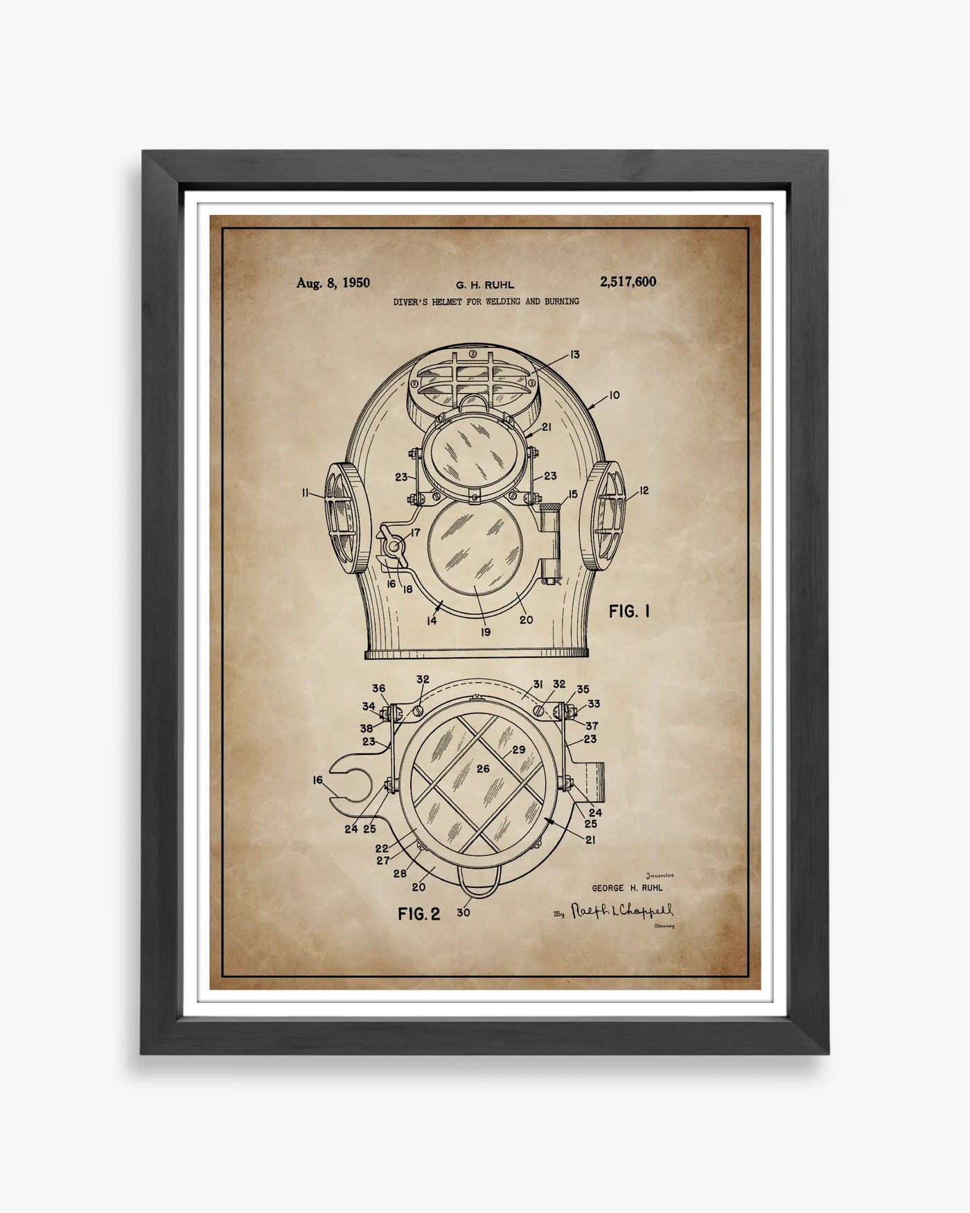 Diver Helmet patent poster in antique parchment style, high-resolution unframed wall art.