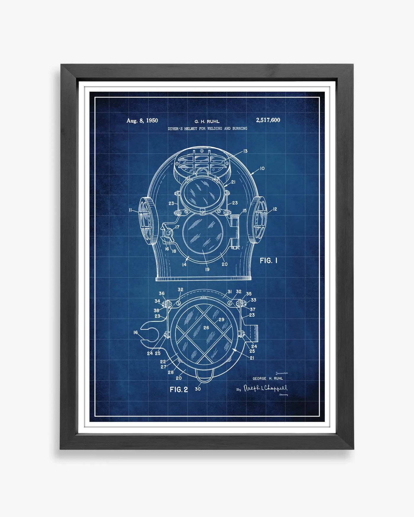 Diver Helmet design patent poster presented in blueprint style, unframed and ready for display.