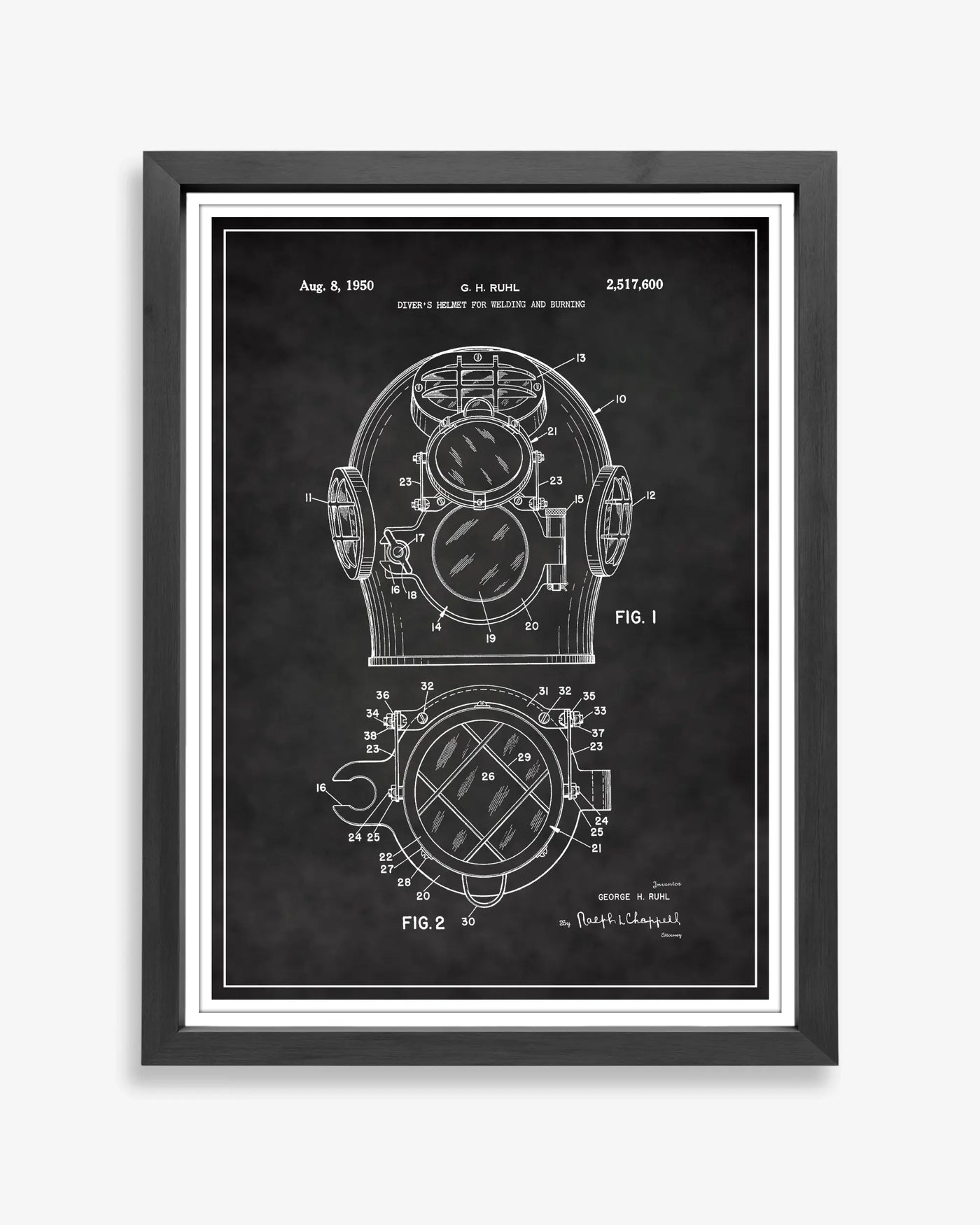 Diver Helmet patent poster in chalkboard style, high-resolution unframed wall art.