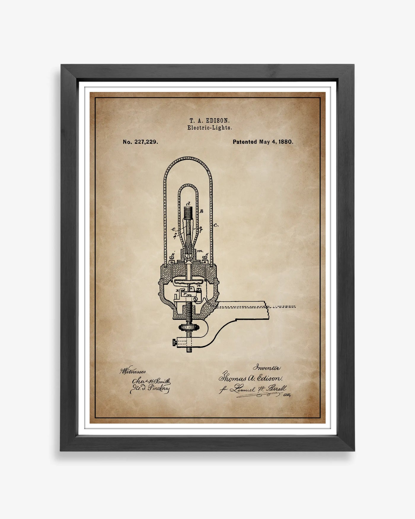 Unframed wall art featuring the Edison Bulb patent poster in a antique parchment finish.