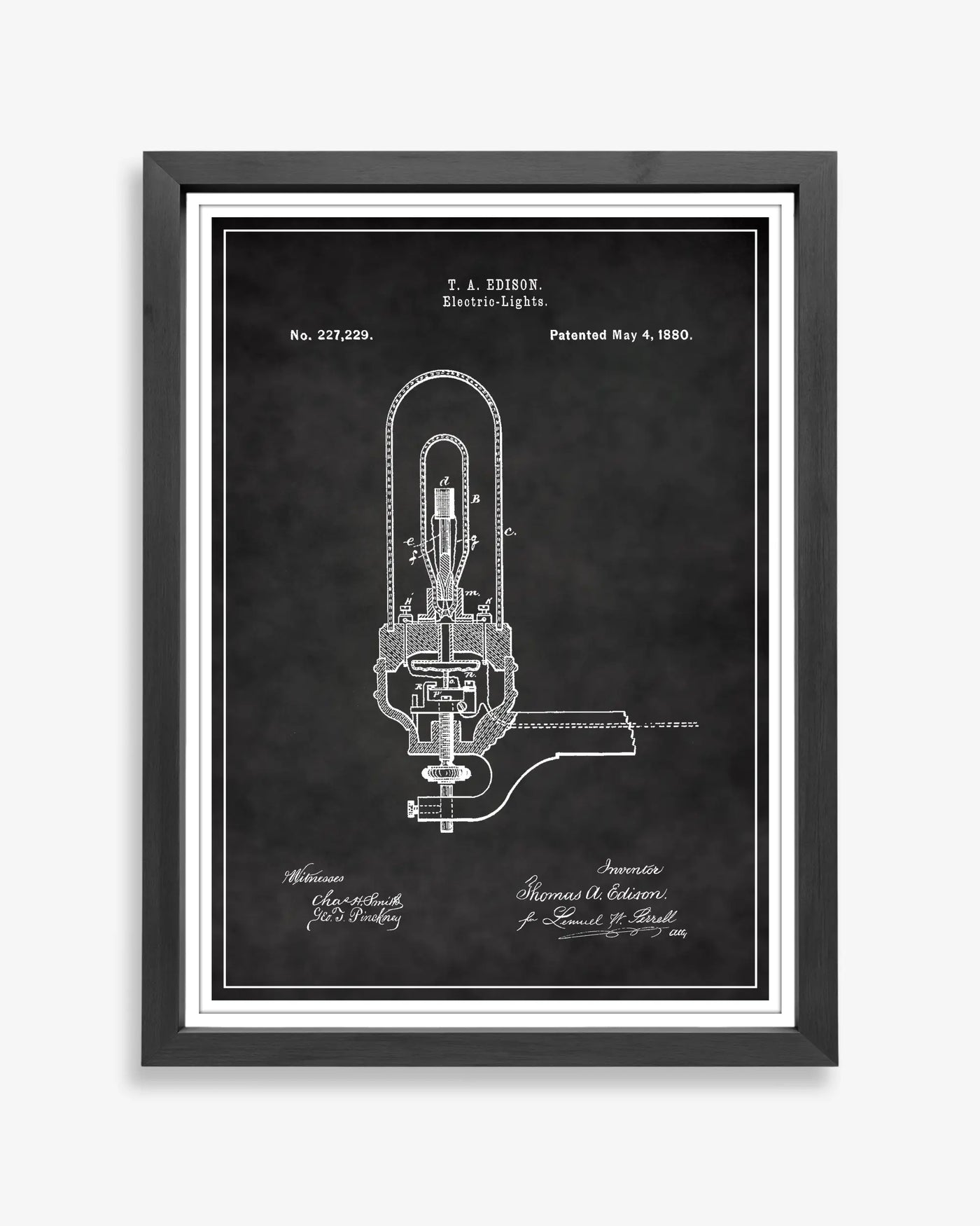 Unframed chalkboard style patent poster illustrating the Edison Bulb design.