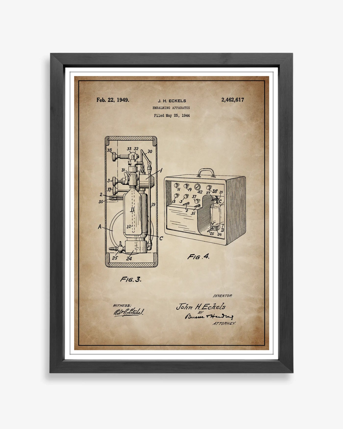 Unframed wall art featuring the Embalming Machine patent poster in a antique parchment finish.