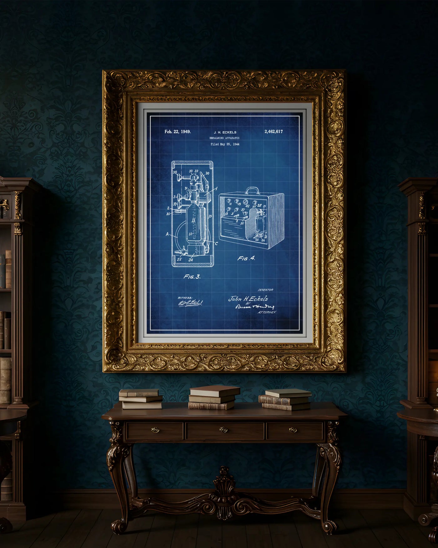 Unframed blueprint style patent poster illustrating the Embalming Machine design.