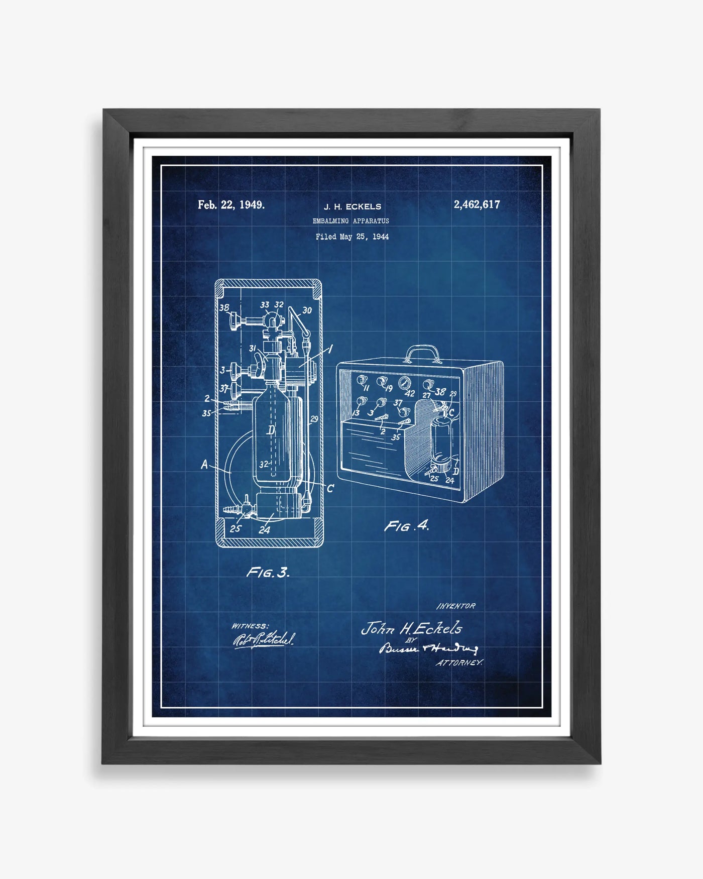 Unframed blueprint style patent poster illustrating the Embalming Machine design.