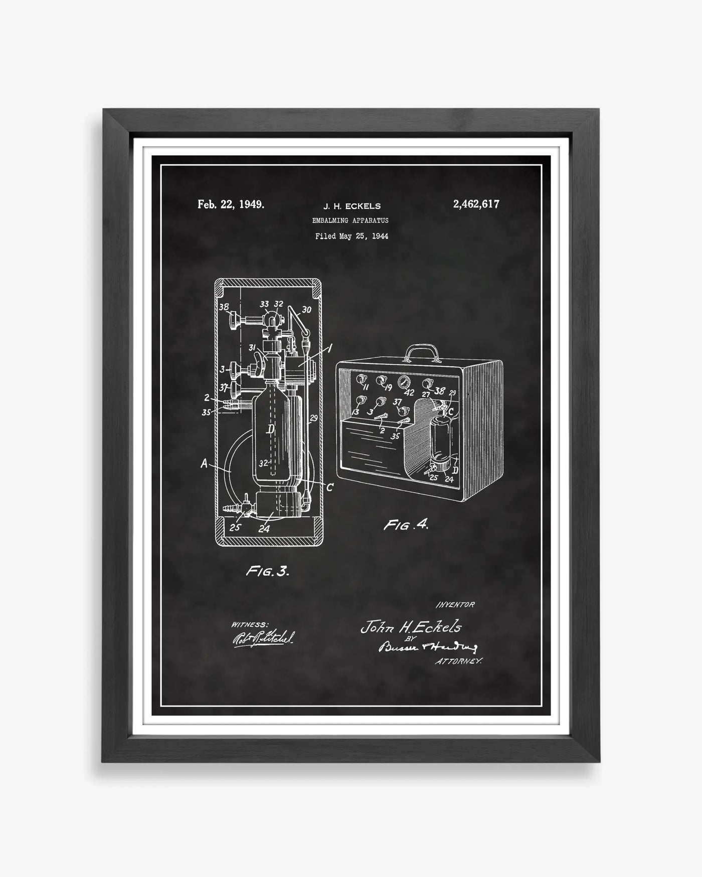 Embalming Machine design patent poster presented in chalkboard style, unframed and ready for display.