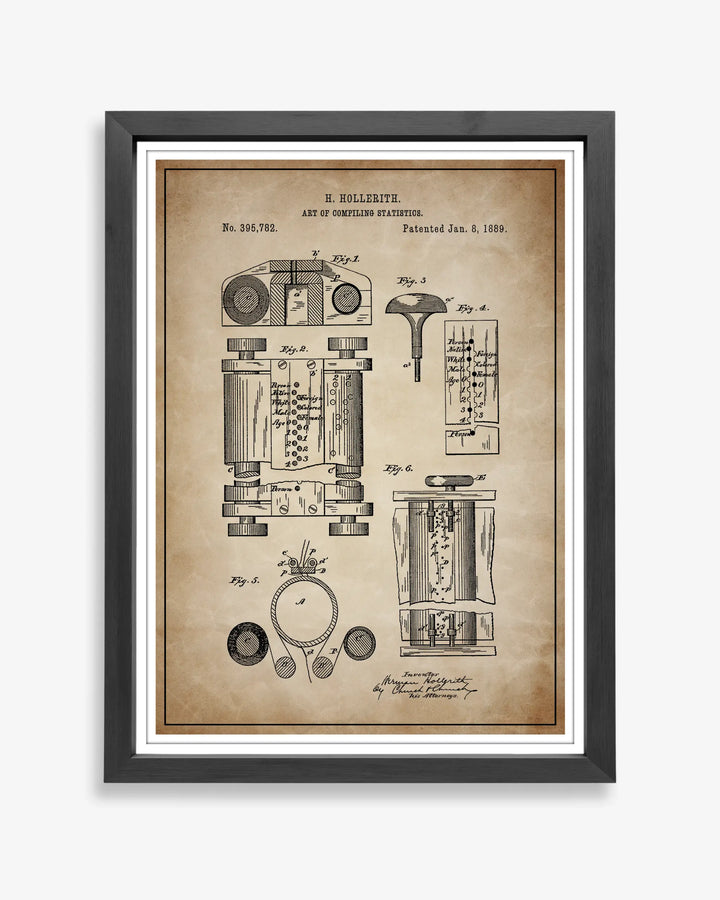 Unframed wall art featuring the First Computer patent poster in a antique parchment finish.