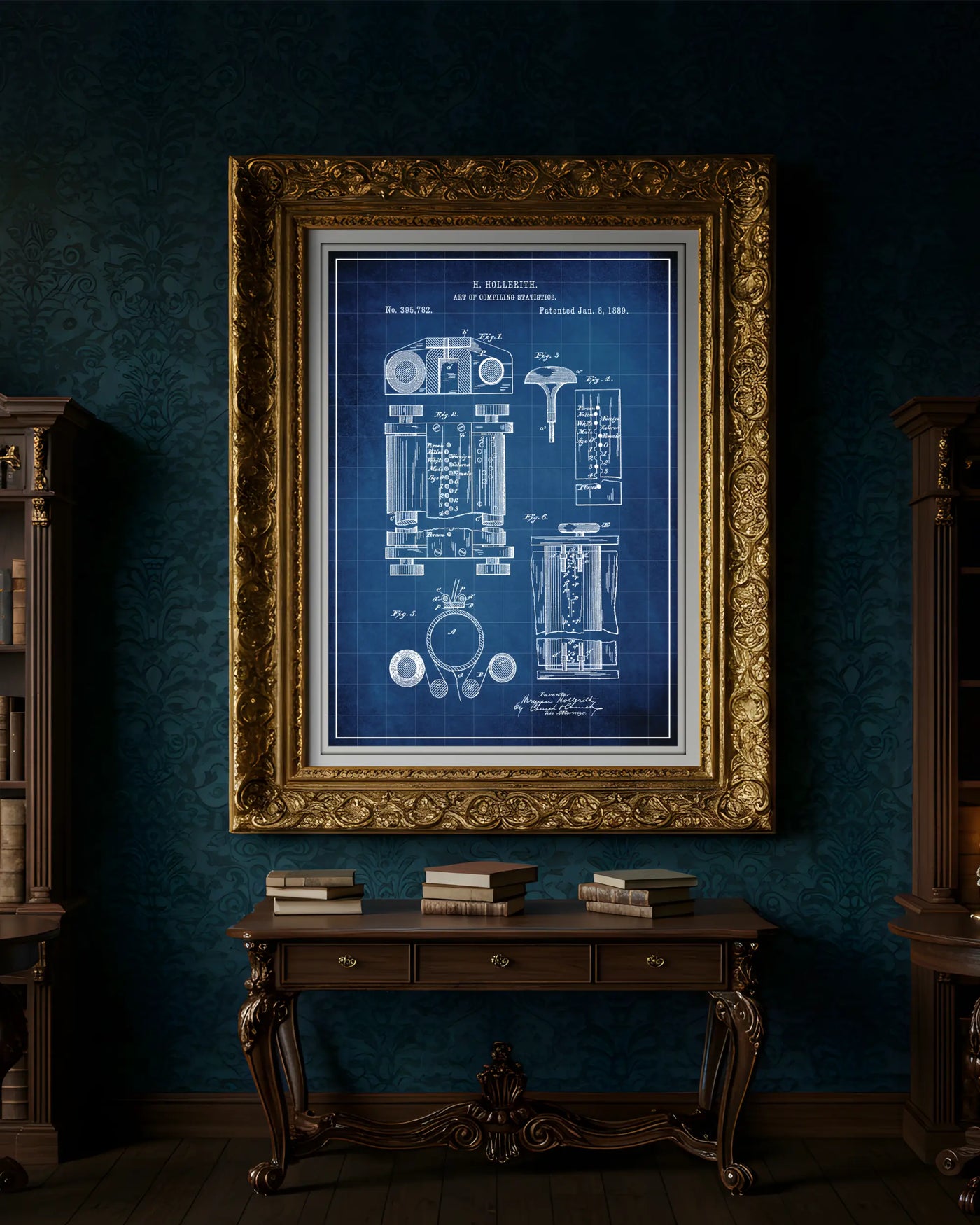 Unframed wall art featuring the First Computer patent poster in a blueprint finish.