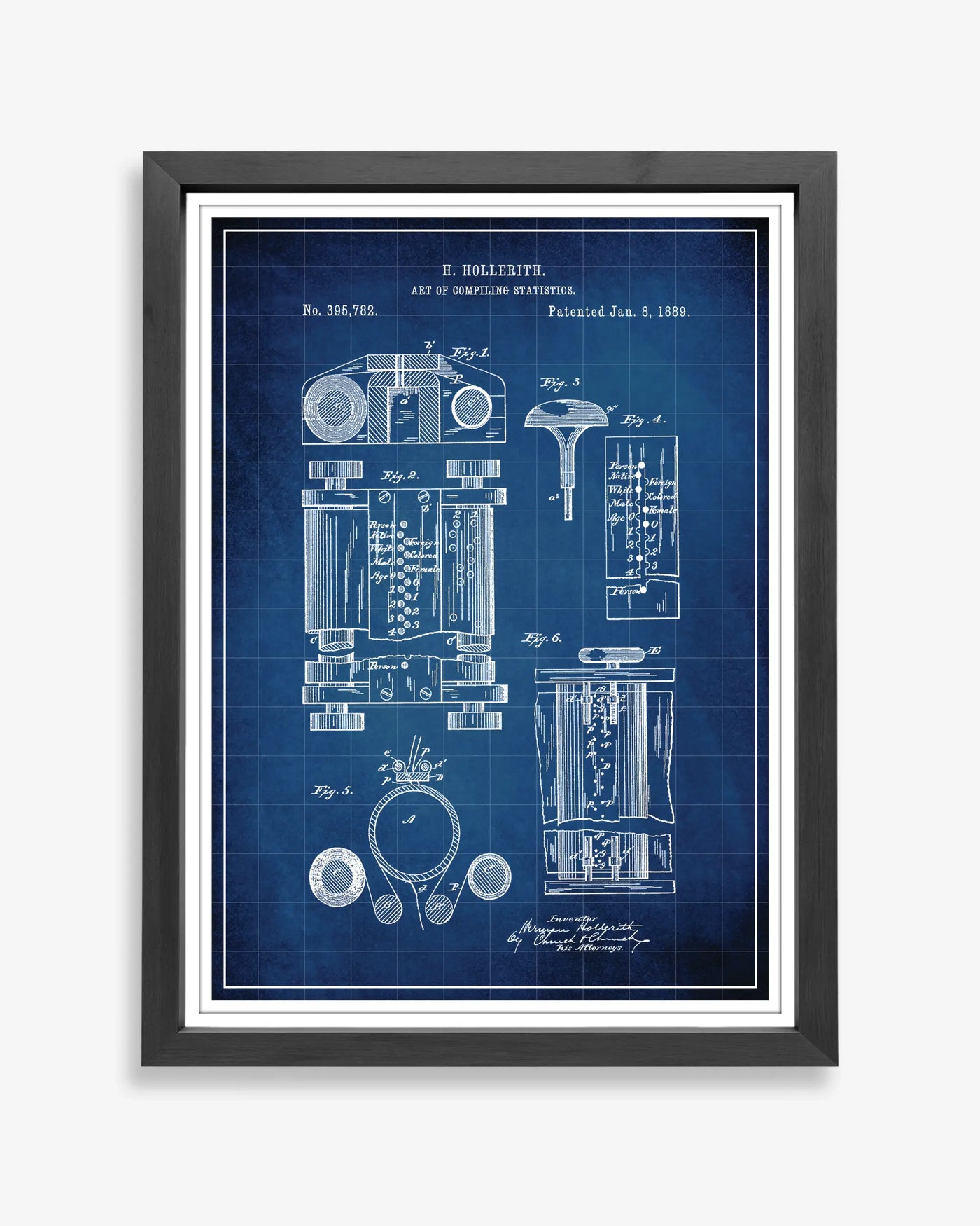 Wall art featuring the First Computer patent poster in a blueprint background.

