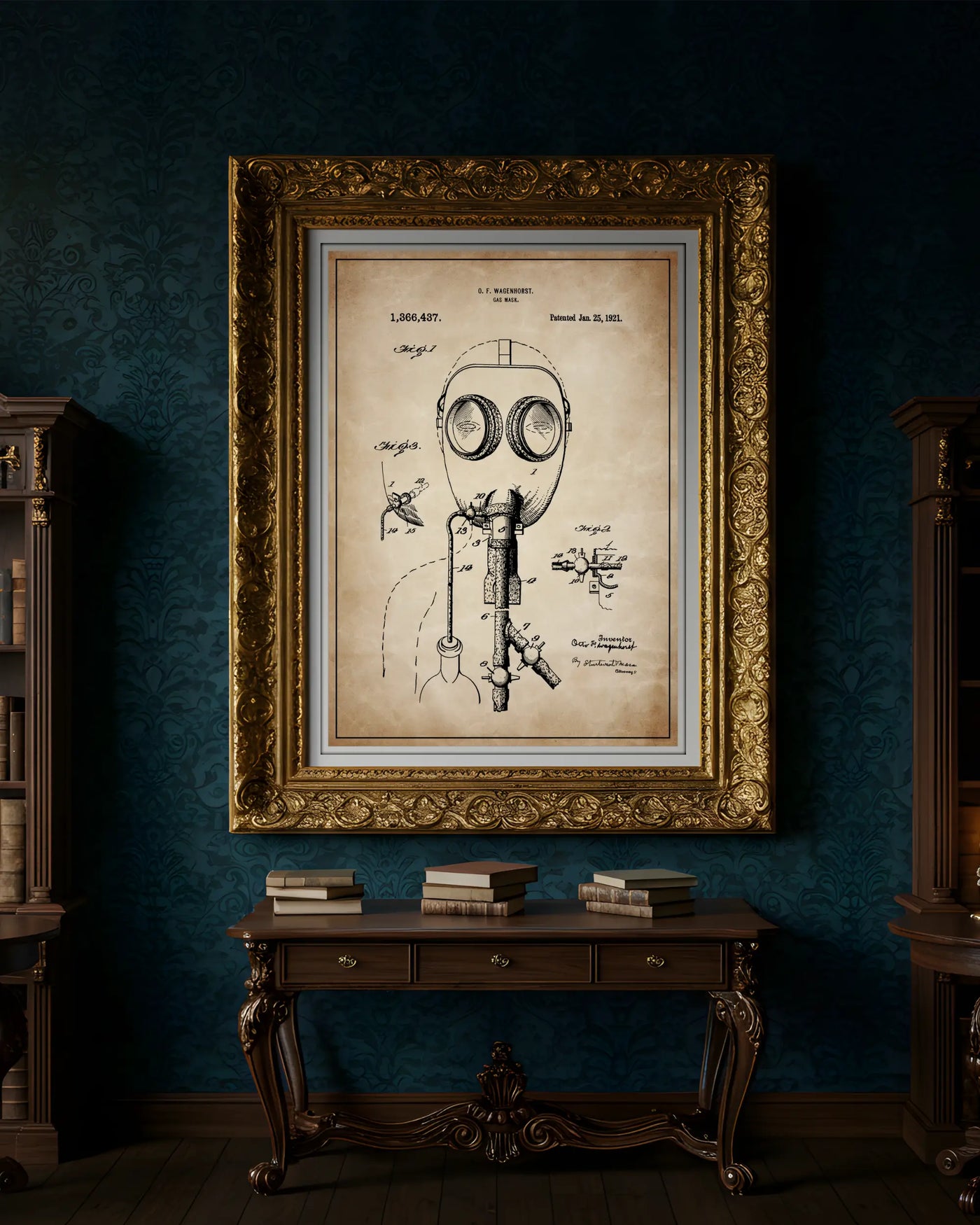 Gas Mask patent poster in antique parchment style, high-resolution unframed wall art.