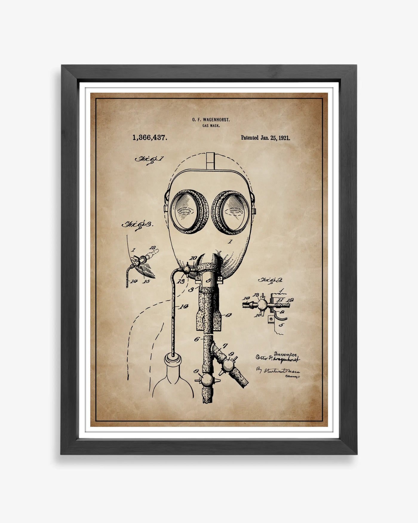 Gas Mask patent poster in antique parchment style, high-resolution unframed wall art.