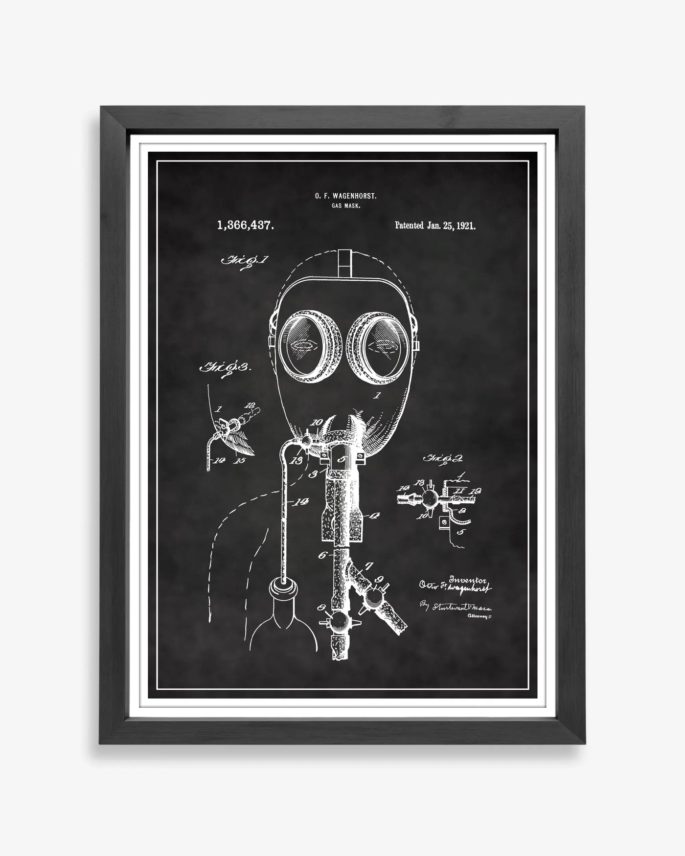 Gas Mask patent poster in chalkboard style, high-resolution unframed wall art.