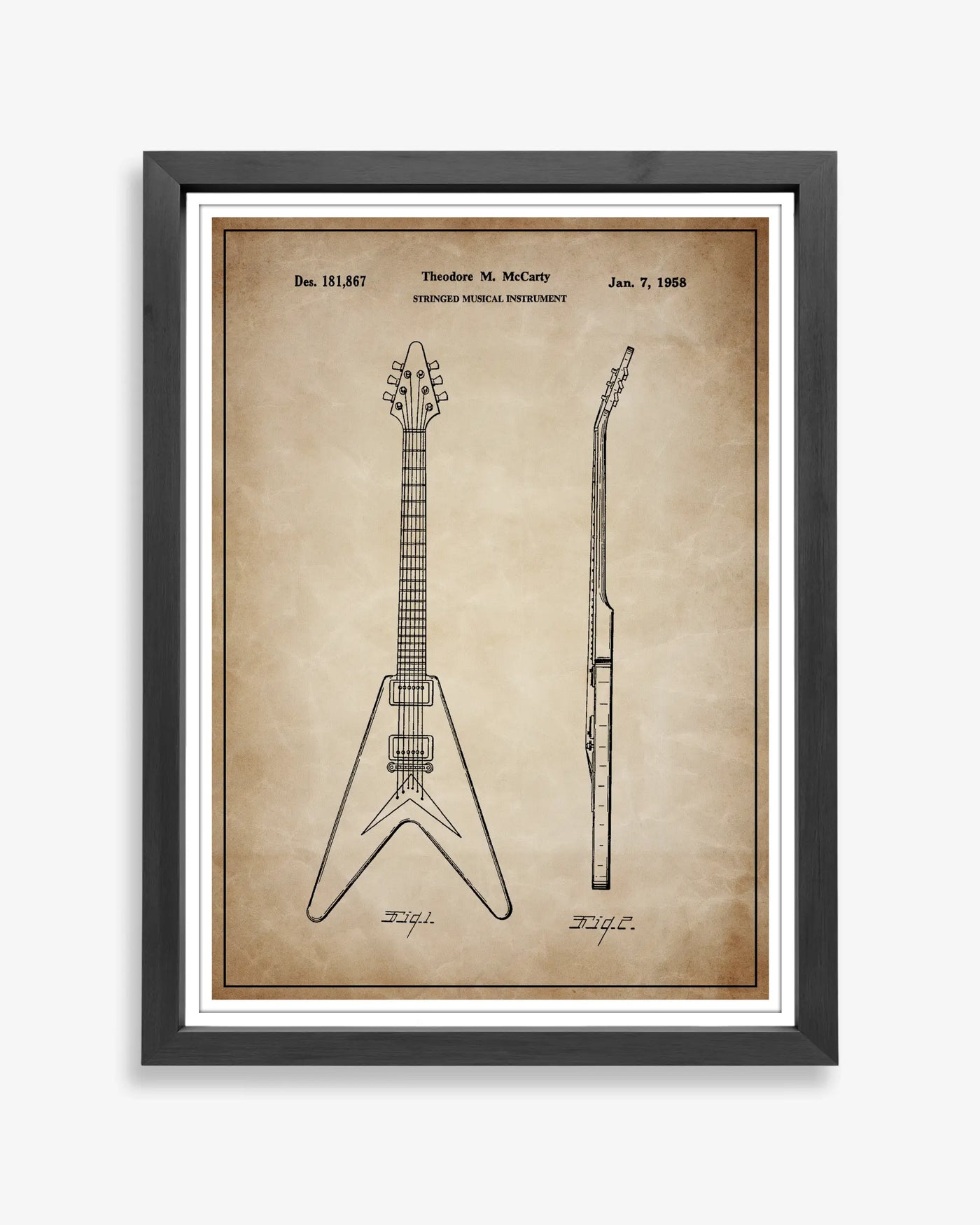 Unframed antique parchment style patent poster illustrating the Gibson Flying V design.